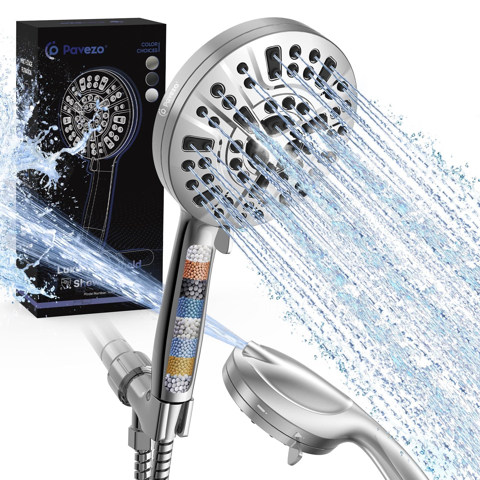 Pavezo® High Pressure Shower Head Handheld 5" Large, Extra Long 60" SS Hose 10-mode Portable Detachable Shower Head with Hard Water Filter for Bathroom, Anti-clog & Powerful to Clean Tile & Pets