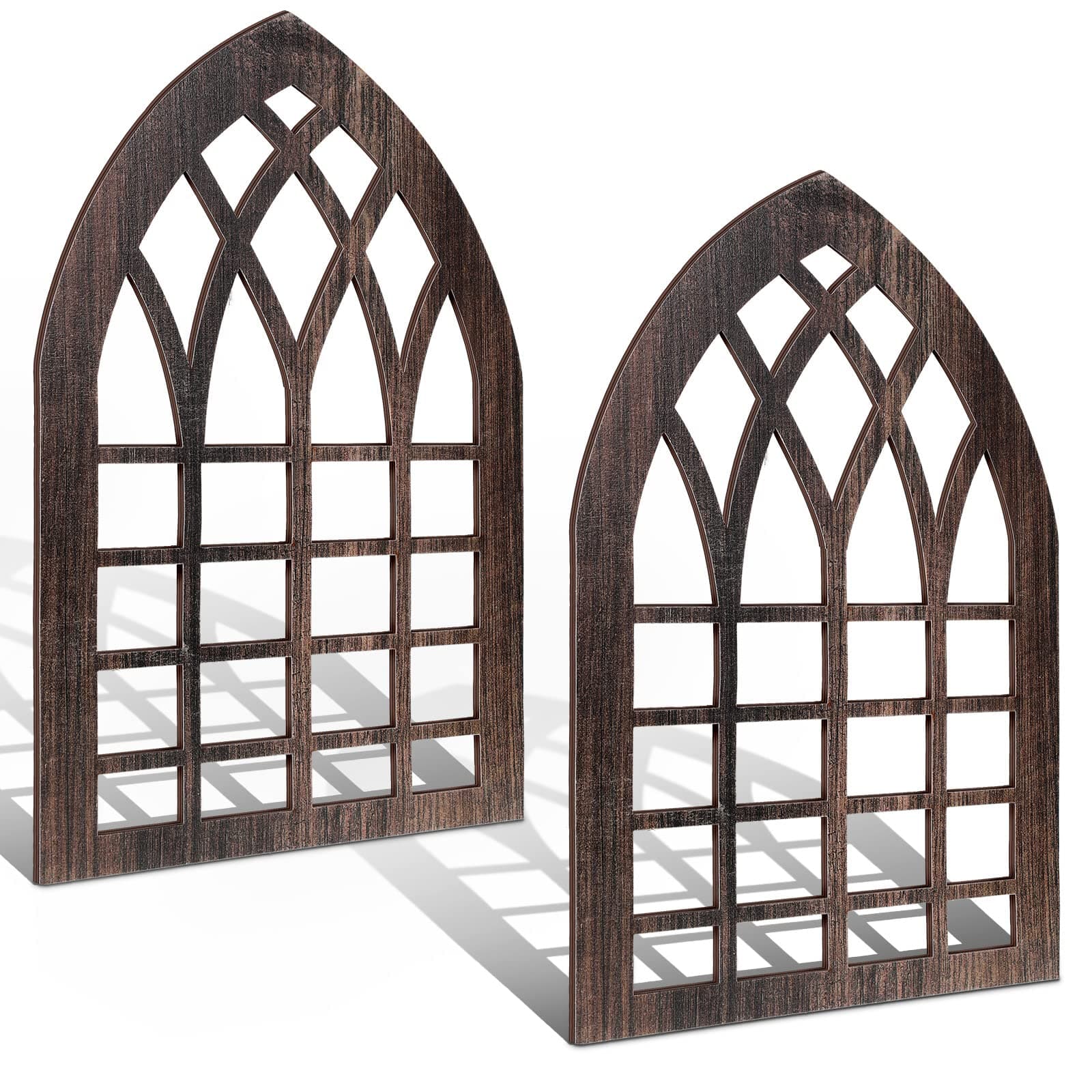 Yulejo 2 Pcs Rustic Window Frame Wall Decor Wooden Farmhouse Wall Decor 15.6'' x 11'' Arched Cathedral Window Home Decor Fake Window Pane Vintage Wall Art for Entryway Living Room Bedroom (Dark Brown)