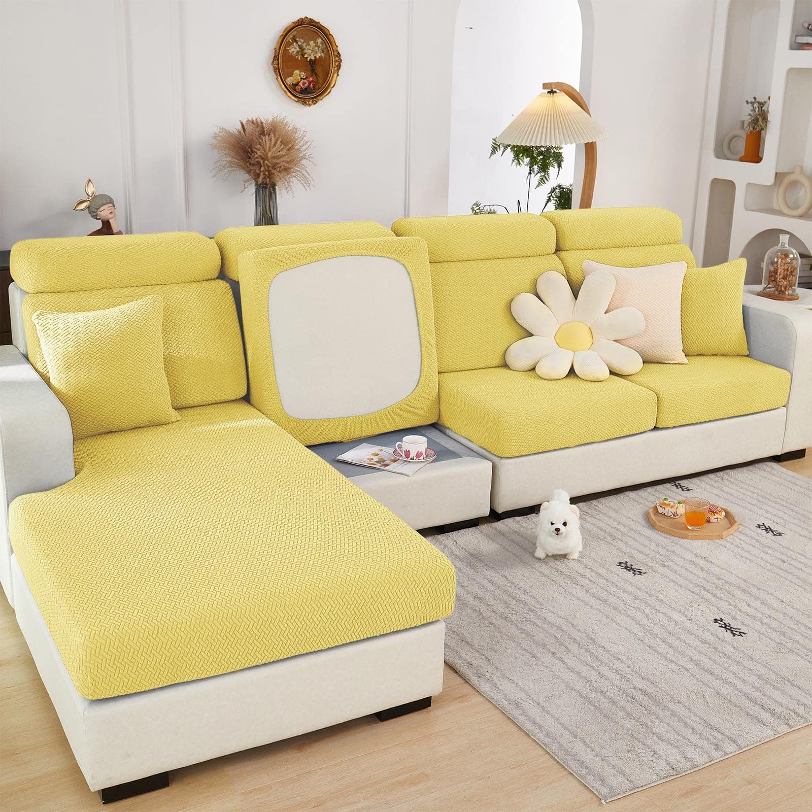 Sofa Seat Cushion Covers- High Stretch Non-Slip Couch Sofa Cover 1-Piece Universal for 1 2 3 4 Seater L Shape Chaise Longue Sofa Slipcovers for Living Room Dogs Pet (2 Seater, Weave Yellow)