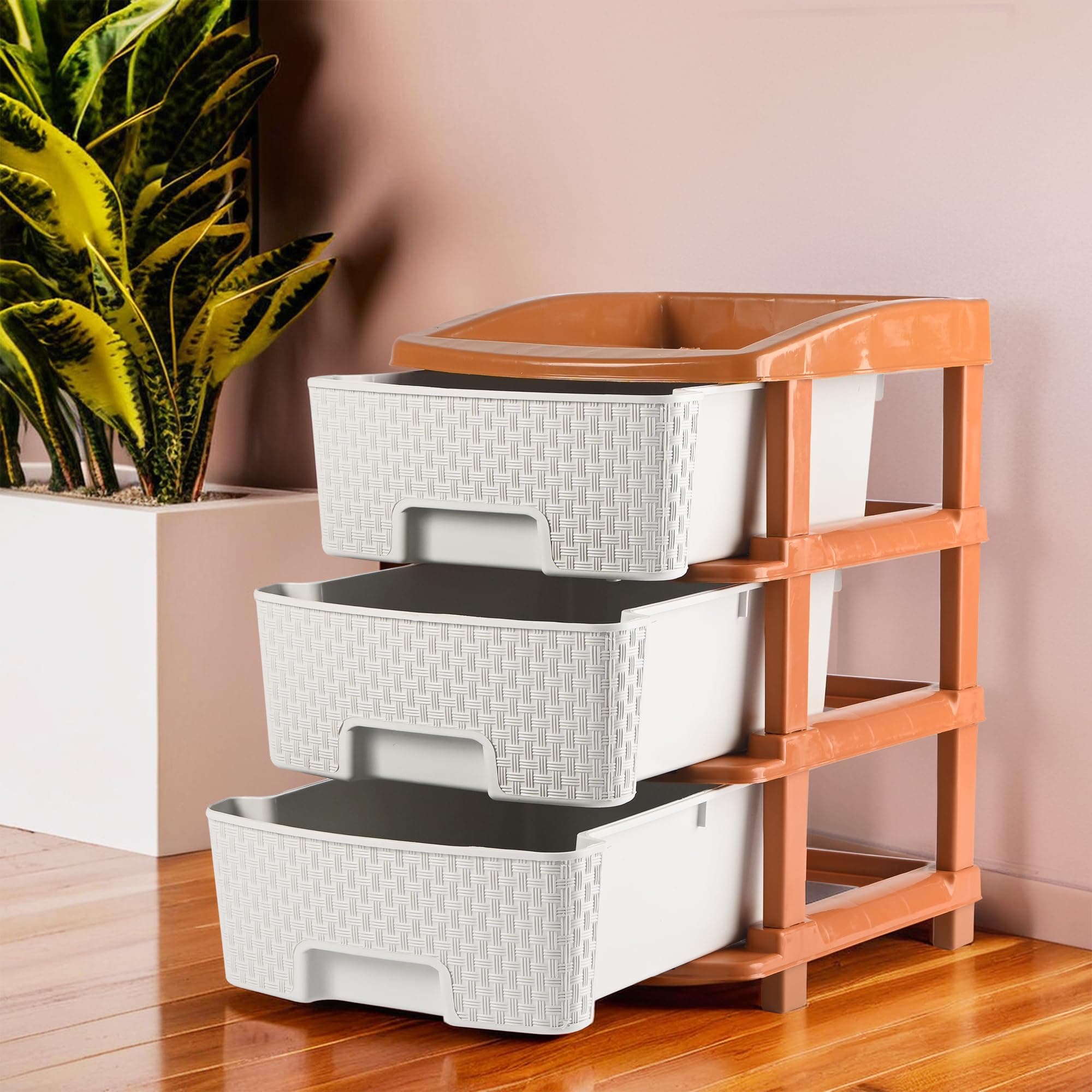 Kuber Industries 3-Tier Collapsible Multipurpose Plastic Drawers Storage Organizer | Durable Cabinets/Storage Rack for Kitchen | Kids Toy Box & Shelf for Home/Office | Brown & White