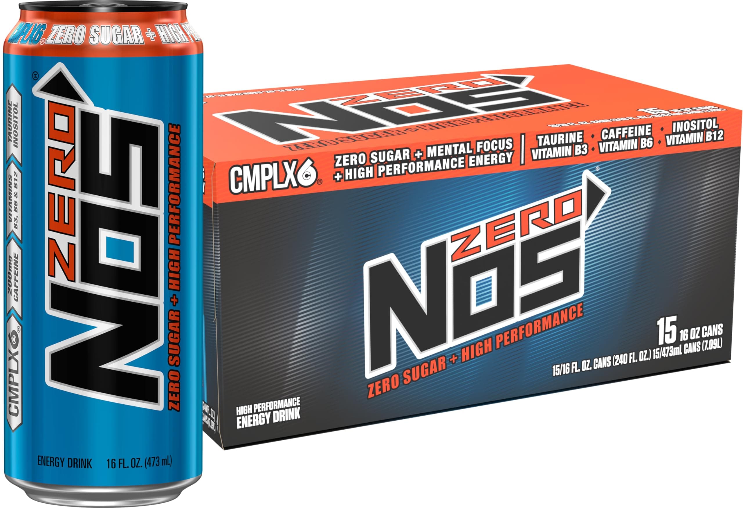 NOS Zero Sugar: High Performance Energy Drink. 16 Fl oz | Pack of 15