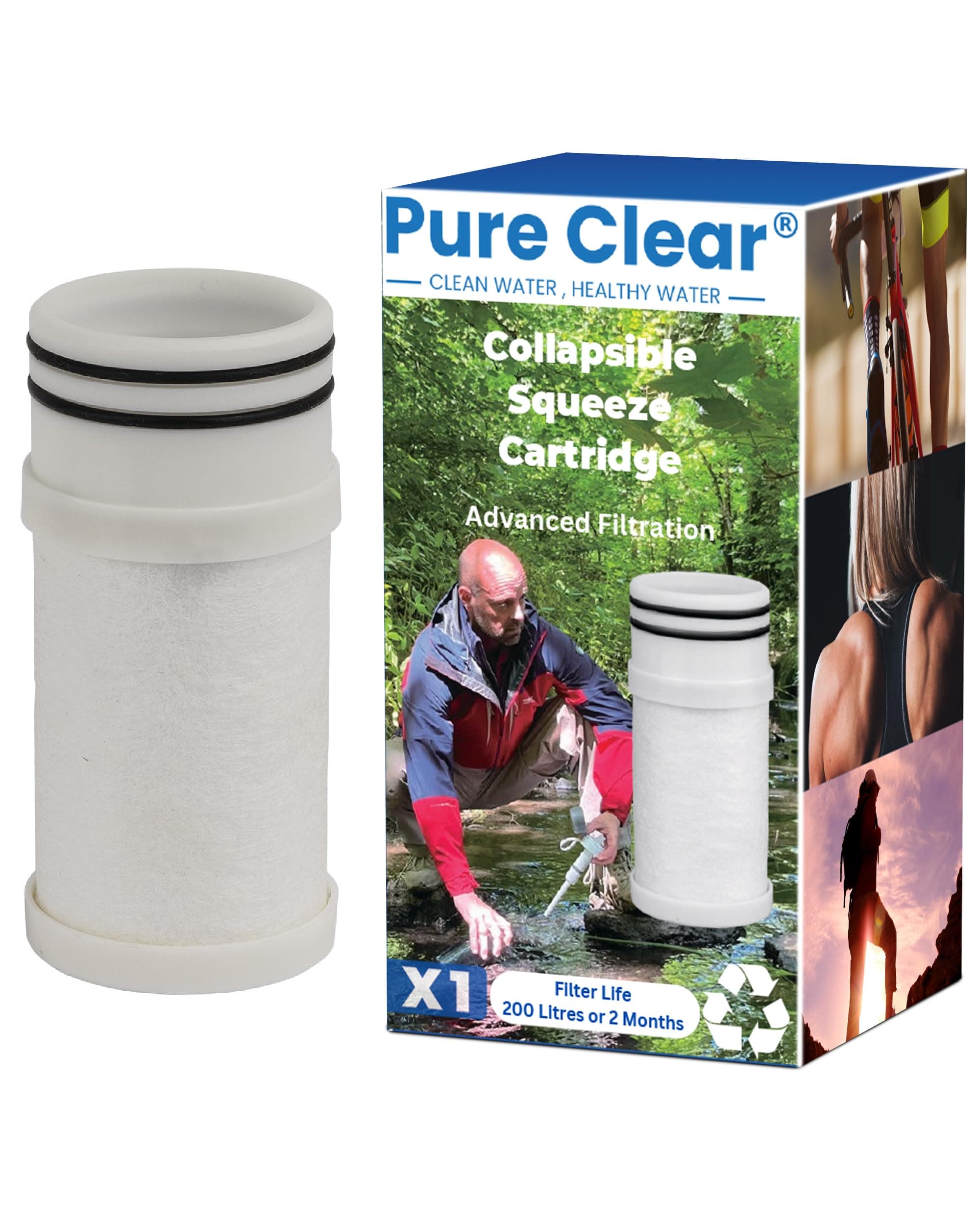 Pure Clear Replacement Filter for Collapsible Water Bottle - Water Bottle Filter Cartridge with 200 Litre Life Span - Electro-Adsorptive Technology to Remove Viruses, Bacteria, Heavy Metals & More