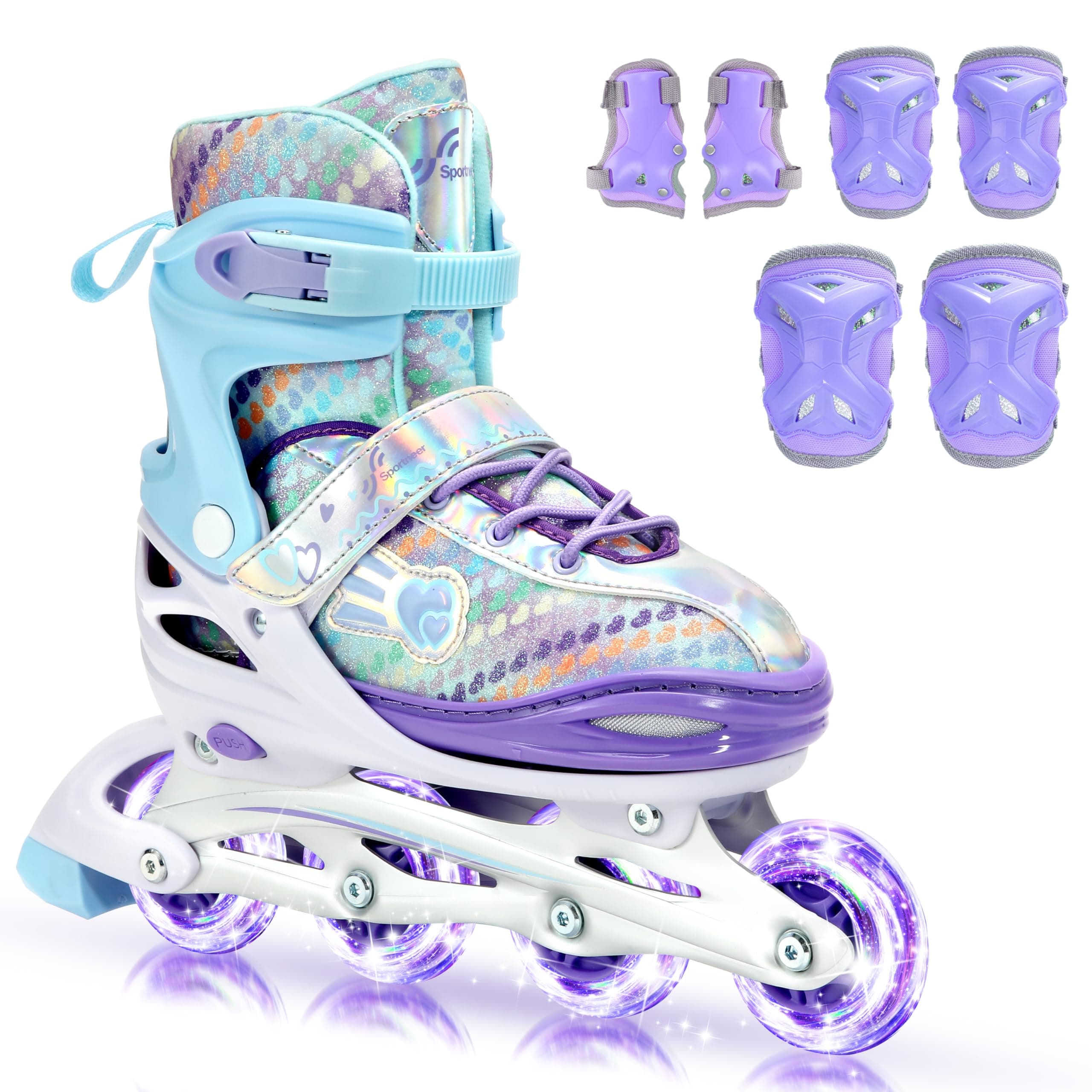 Sportneer Inline Roller Skates, Roller Boots Adjustable Size 11-7 with Illuminating Wheels Roller Blades Protective Gear Set for Gilrs Women