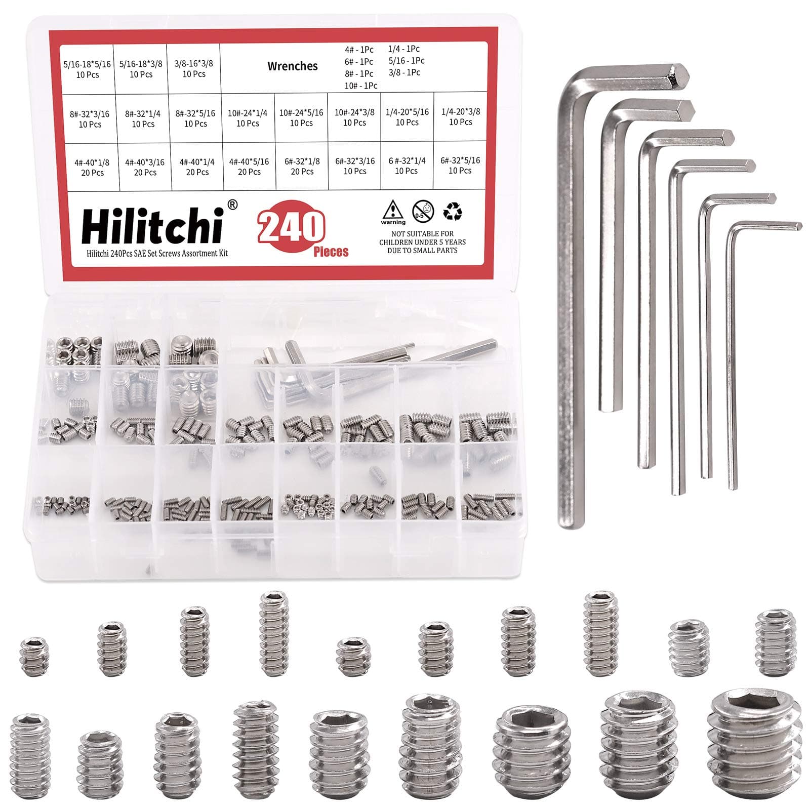 Hilitchi 240Pcs 19Sizes SAE Stainless Hex Allen Head Socket Set Screws Grub Screw Bolts Assortment Kit Internal Hex Drive Cup-Point Screws with 7 Hex Wrenches