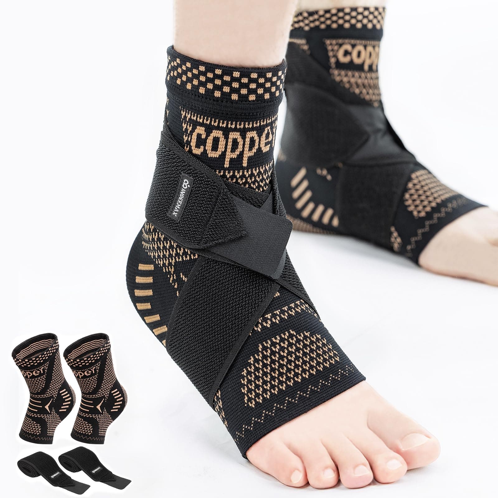 Ankle Brace for Sprained Ankle Compression Sleeve, 2 Pack Copper Infused Ankle Support Brace for Women & Men, Plantar Fasciitis Relief Achilles Tendonitis, Sports Running, Copper Black, XL