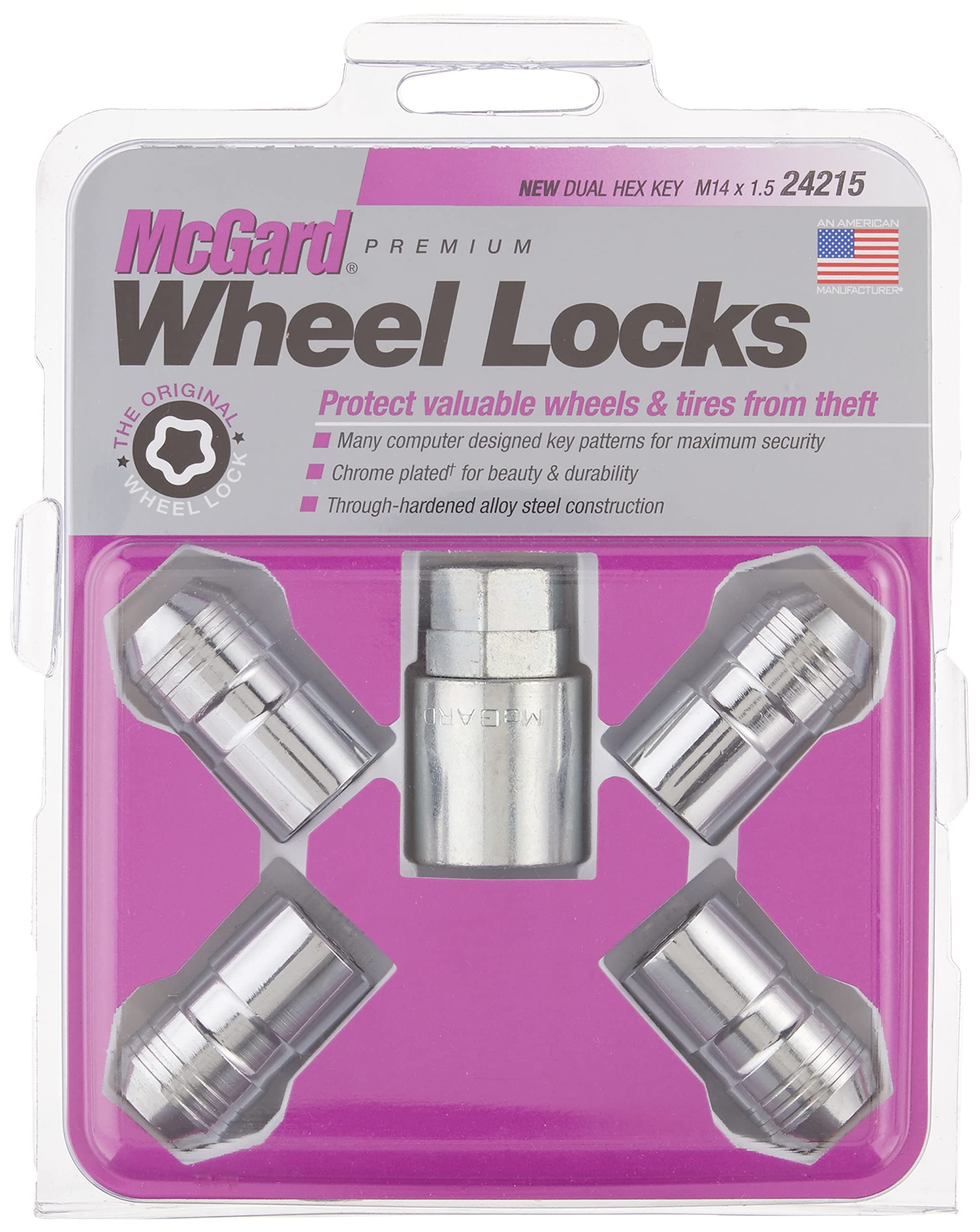 24215 Chrome M14 x 1.5 Thread Size Cone Seat Wheel Lock Set, (Set of 4)