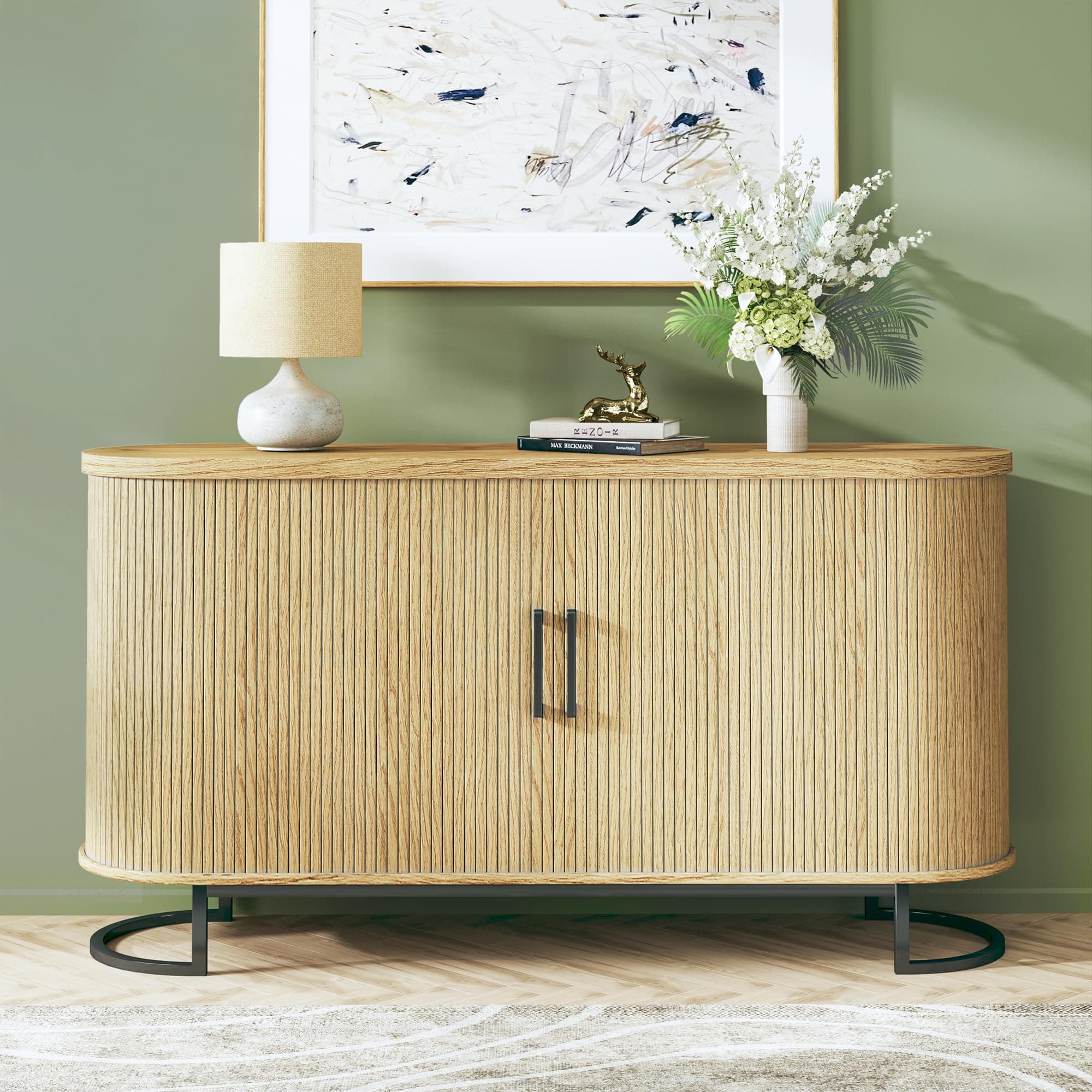 Sideboard Buffet Cabinet with Storage, 54.3" Fluted Tambour, Adjustable Shelves, Mid Century Modern Console for Living Room Kitchen