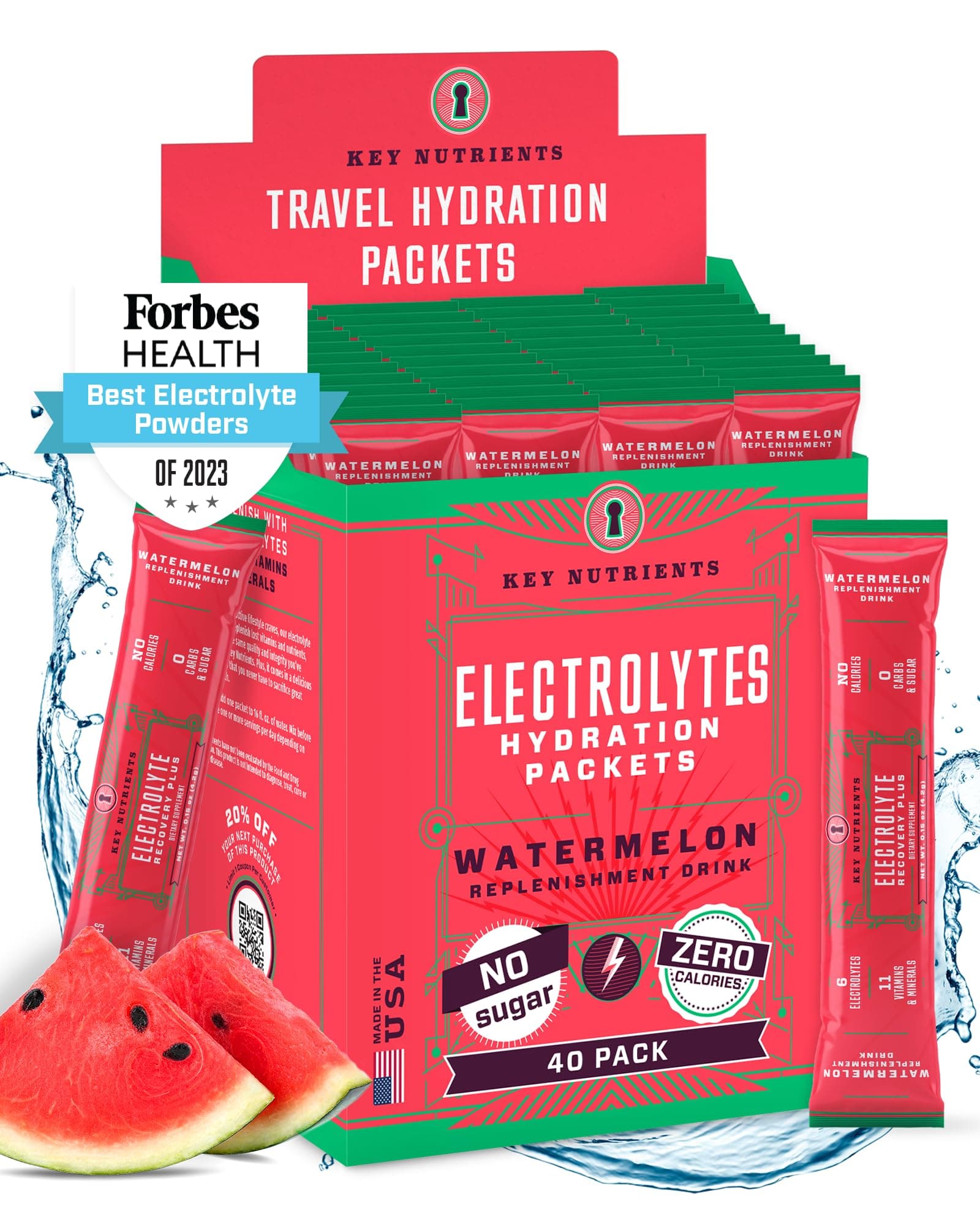 KEY NUTRIENTS Electrolytes Powder No Sugar - Refreshing Watermelon 40 Pack Electrolyte Drink Mix