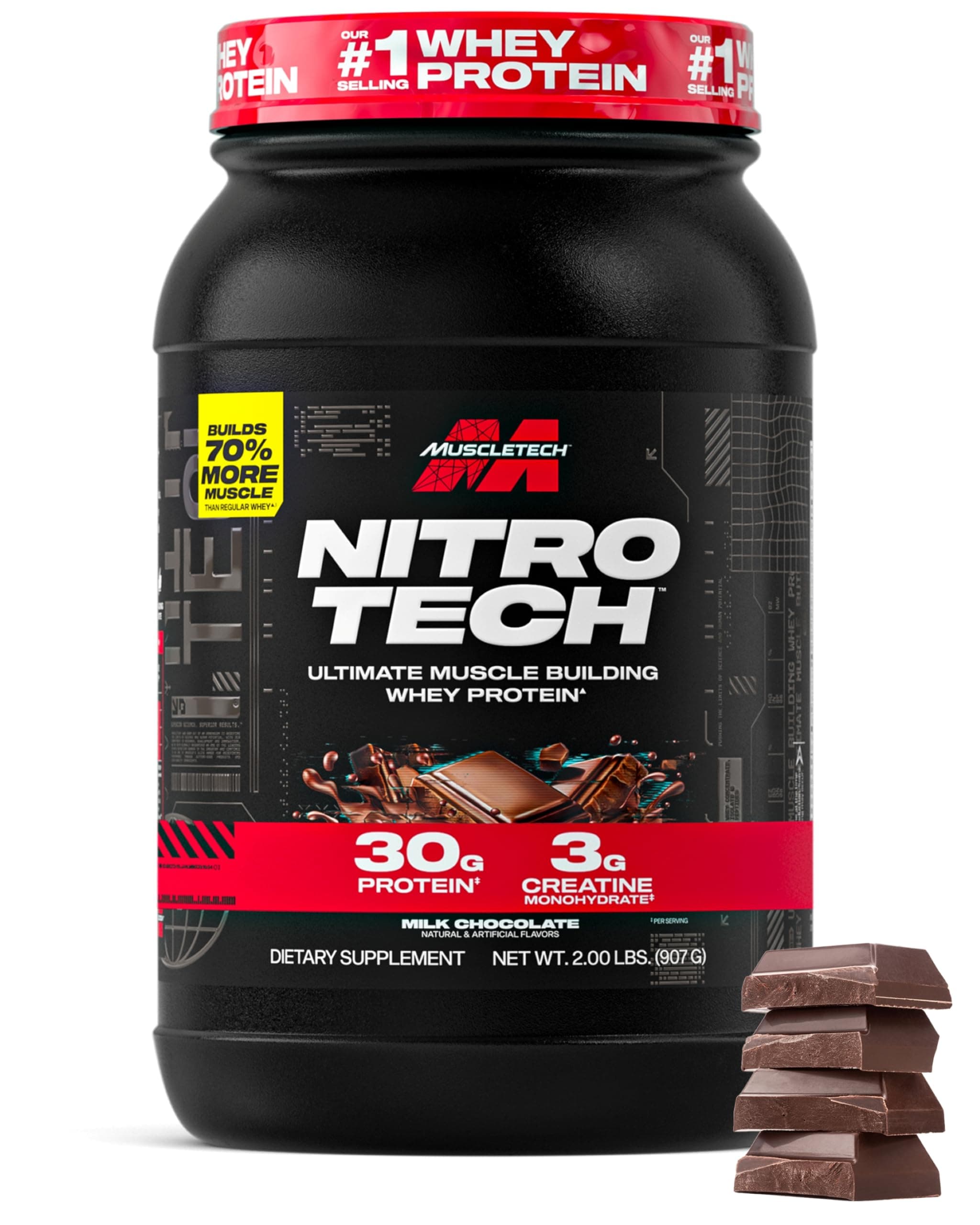 Muscletech Whey Protein Powder (Milk Chocolate, 2 Pound) - Nitro-Tech Ultimate Muscle Building Formula with Whey Protein Isolate - 30g of Protein, 3g of Creatine & 6.8g of BCAA - Packaging May Vary