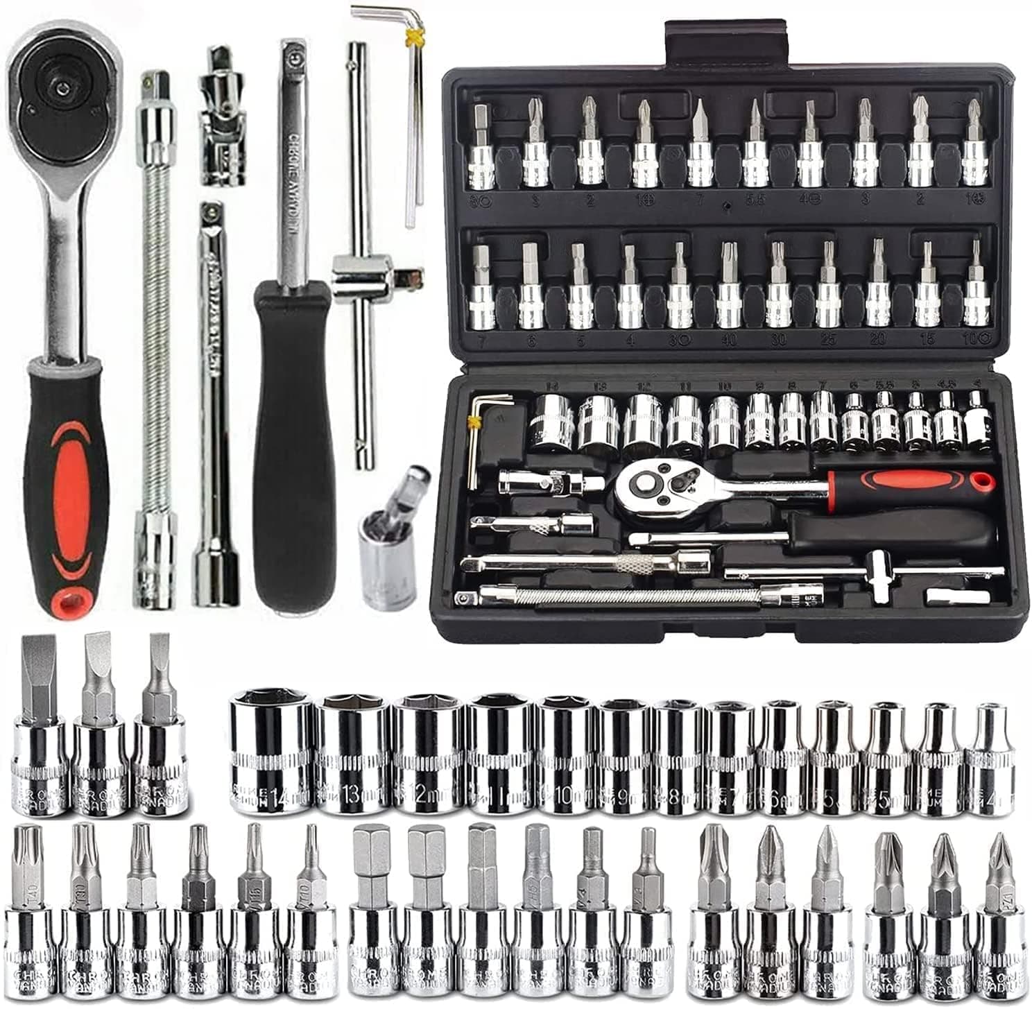 46 In 1 Pcs Torx Tool Kit & Screwdriver & 1/4'' Square Drive Metric Socket Set Extension Bar And Adapter For Bike, Car Repairs (46-Pieces)