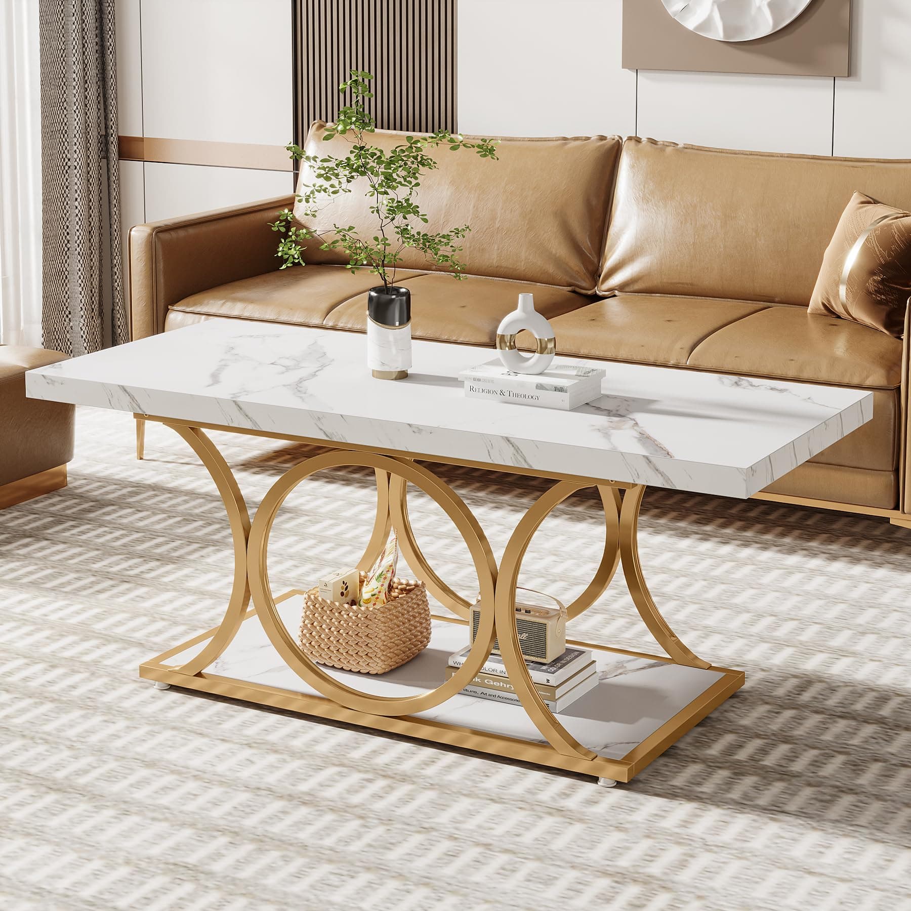Tribesigns Rectangle Coffee Table, Modern Coffee Tables for Living Room, 2-Tier Faux Marble Wood Coffee Table with Geometric Metal Legs, Home Furniture with Storage Shelf (White and Gold)