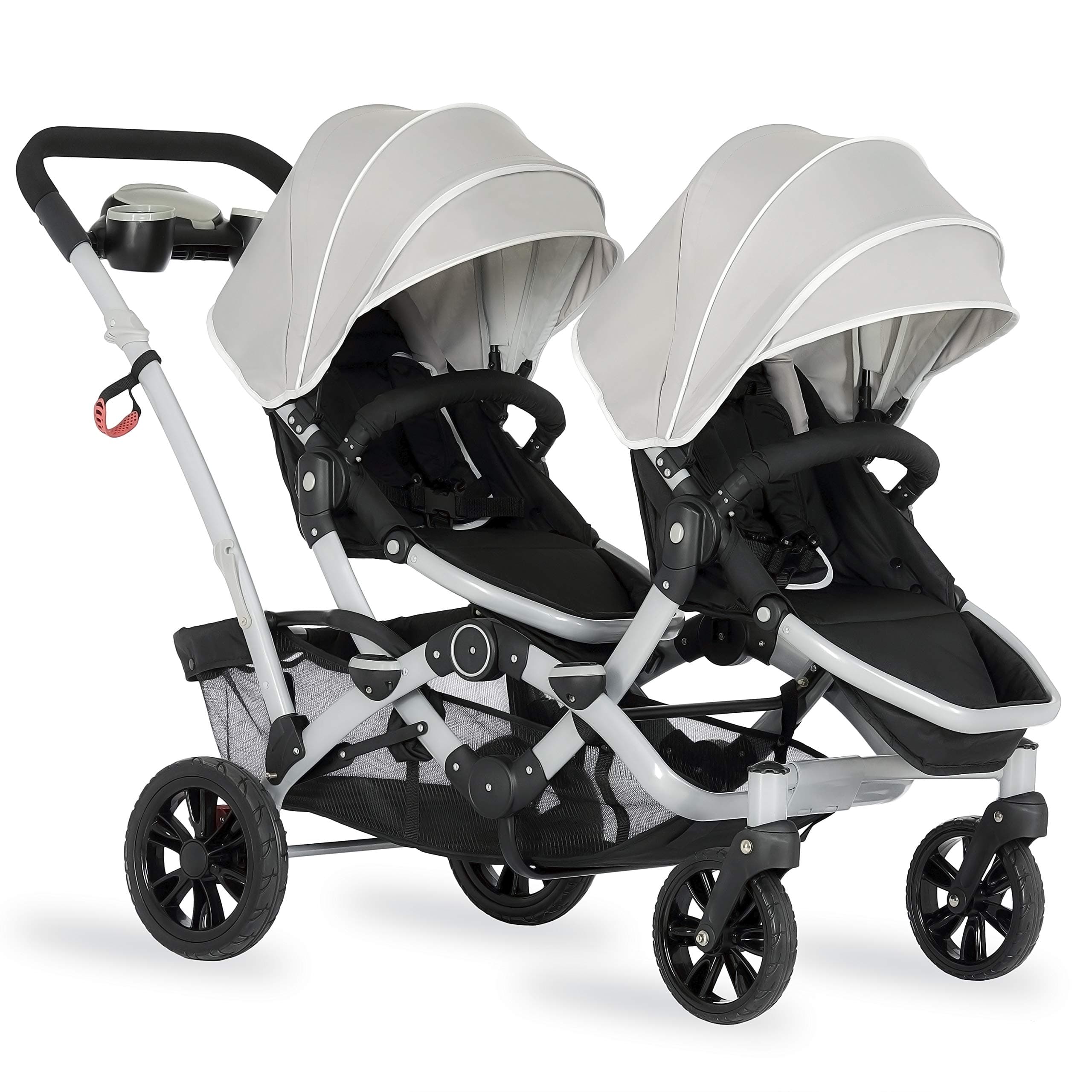 Track Tandem Double Umbrella Stroller in Light Grey, Lightweight Double Stroller for Infant and Toddler, Multi-Position Reversible & Reclining Seats, Large Storage Basket and Canopy