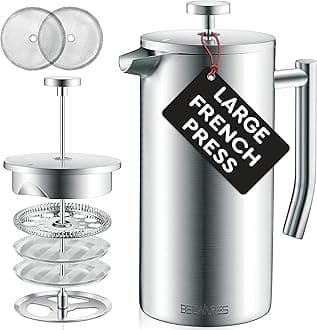 Belwares French Press Coffee Maker 50 oz - Large 304 Stainless Steel Double Wall Insulated Thermal Coffee Press for Home Kitchen, 4-Level Filtration with Extra Screens, Dishwasher Safe, 1.5L, Silver