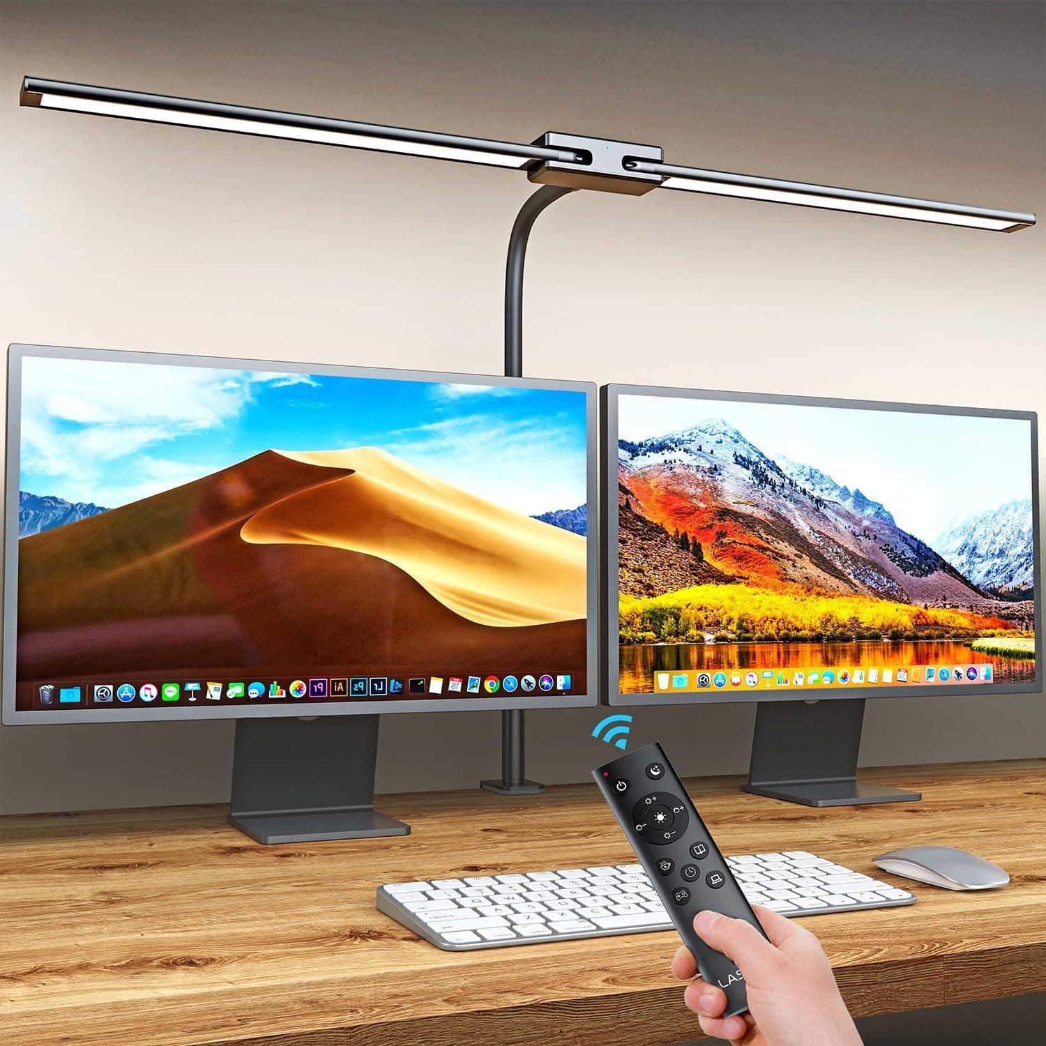 LASTAR LED Desk Lamp with Remote Control & 32.5" Wide Double Head, Architect Desk Lamp for Home Office with Clamp, Timer, 24W Ultra Bright Gooseneck Desk lamp for Computer Reading, Black