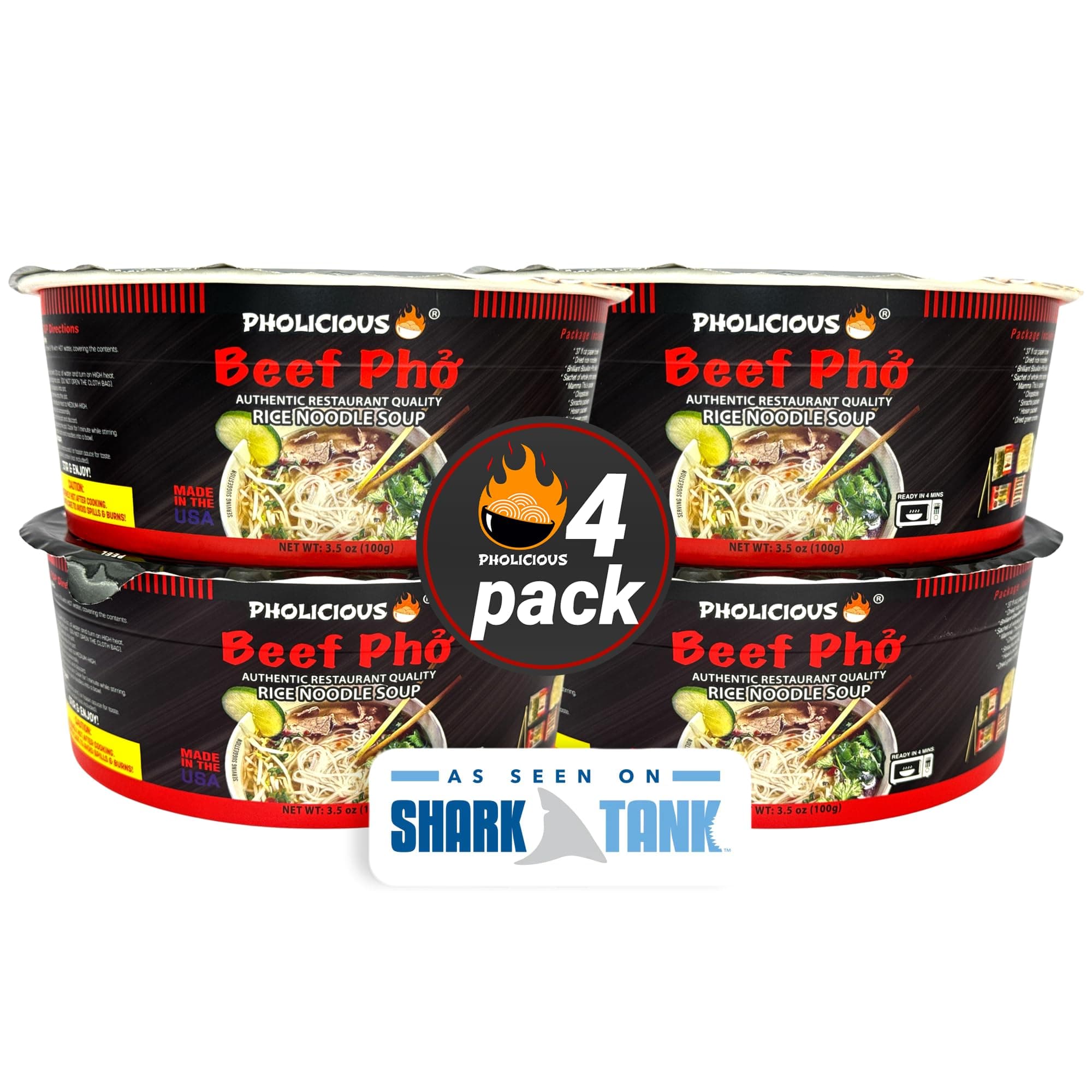 PhoLicious Instant Beef Pho, Authentic Vietnamese Rice Noodle Soup Kit with Spices & Broth Mix, Ramen Noodles Alternative, Quick Microwave Meal - Pho Noodles Bowl - Beef Flavor (4 Pack)