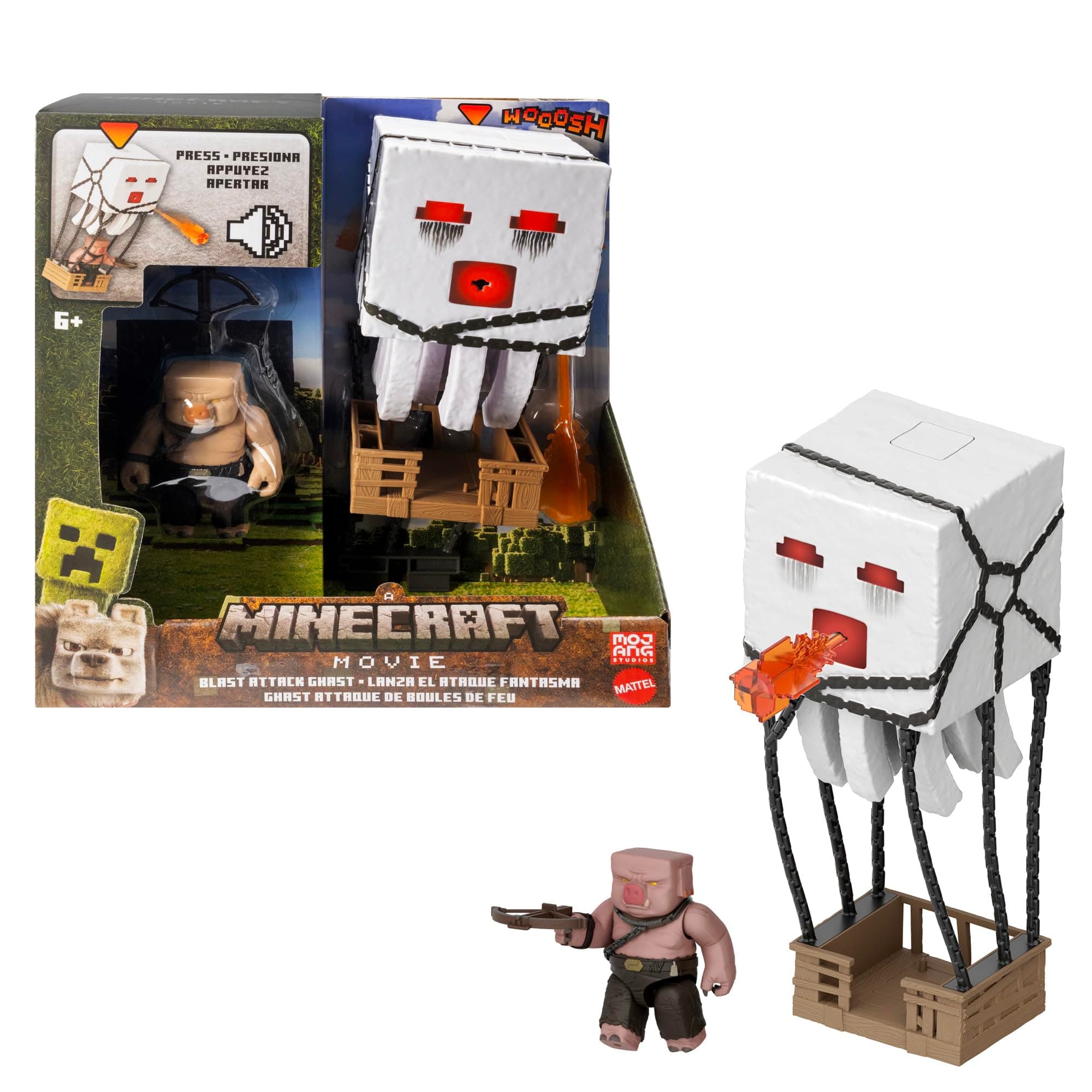 Minecraft Action Figure Set, Blast Attack Ghast with Lights, Sounds, Launcher & Projectile, Plus Piglin Warrior Inspired by the Movie, JFB69