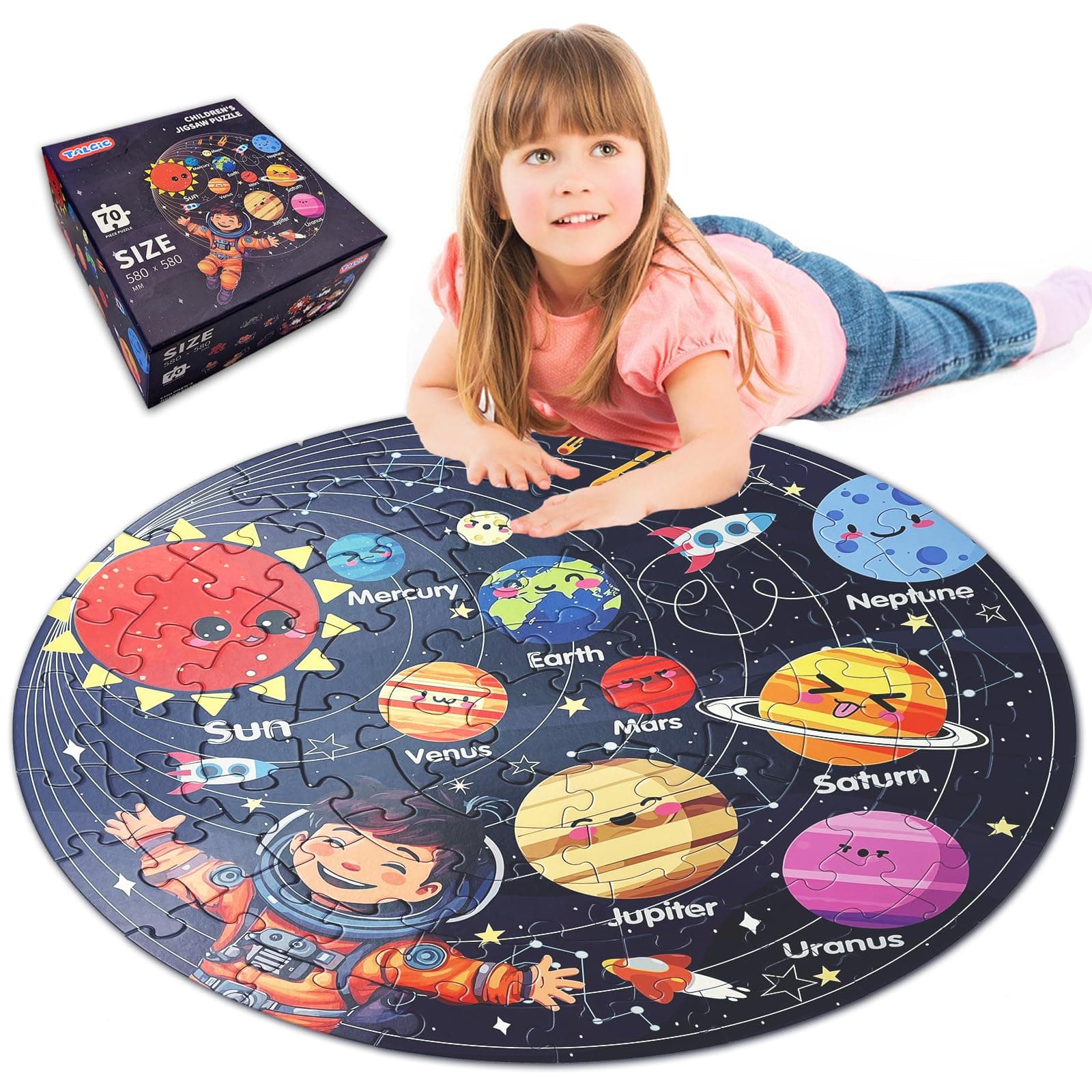 TALGIC Puzzles for Kids Ages 4-6 with Solar System Planets, 70 Piece Round Large Kids Floor Puzzles for Ages 3 4 5 6 7 8, Educational Toy Gift Jigsaw Puzzles for 5 Year Old Boys Girls