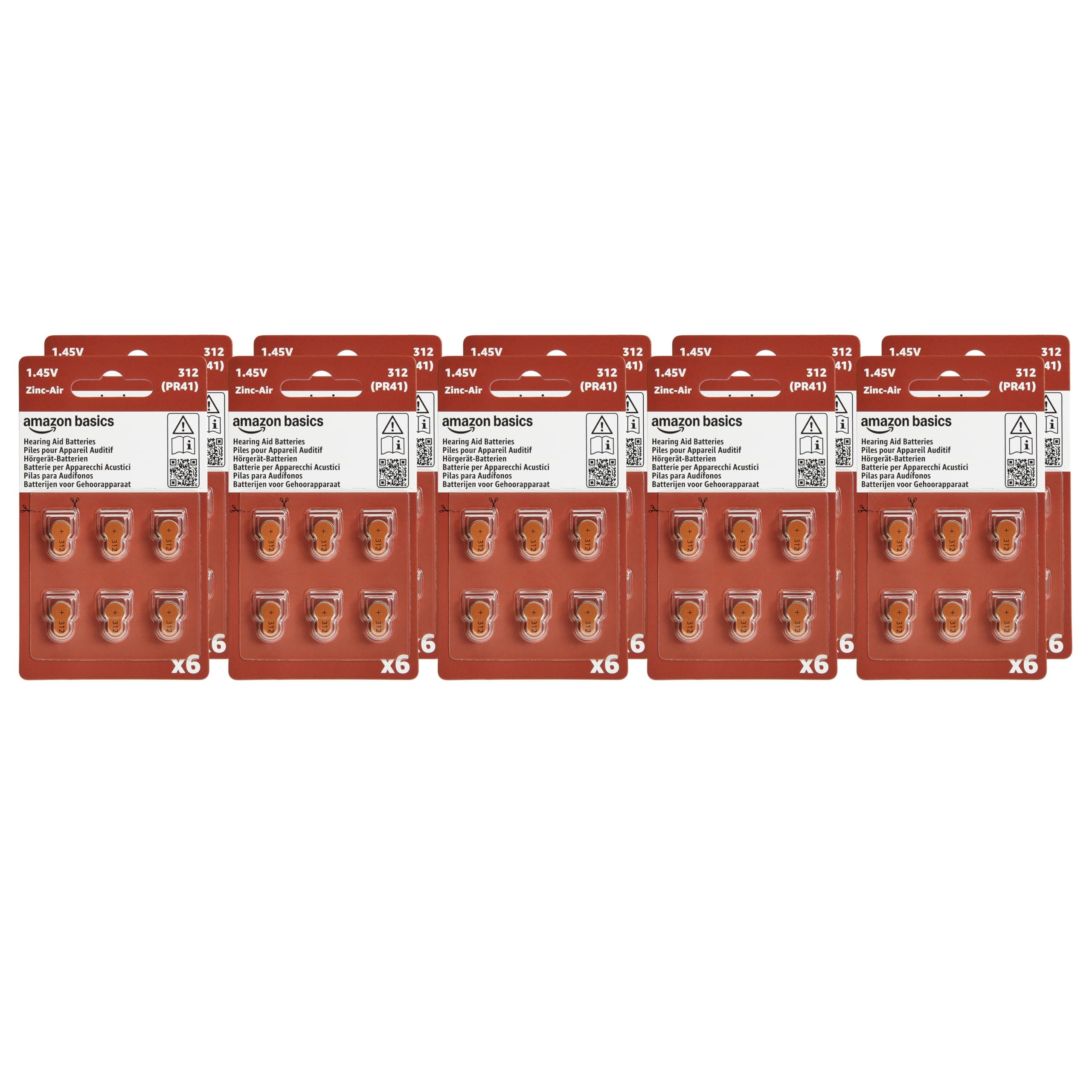 60-Pack Hearing Aid Batteries Size 312, 1.45 Volt, Zinc Air Technology, Long-Lasting, 4-Year Shelf Life, Mercury Free, Brown Tab, Child-Safe Package