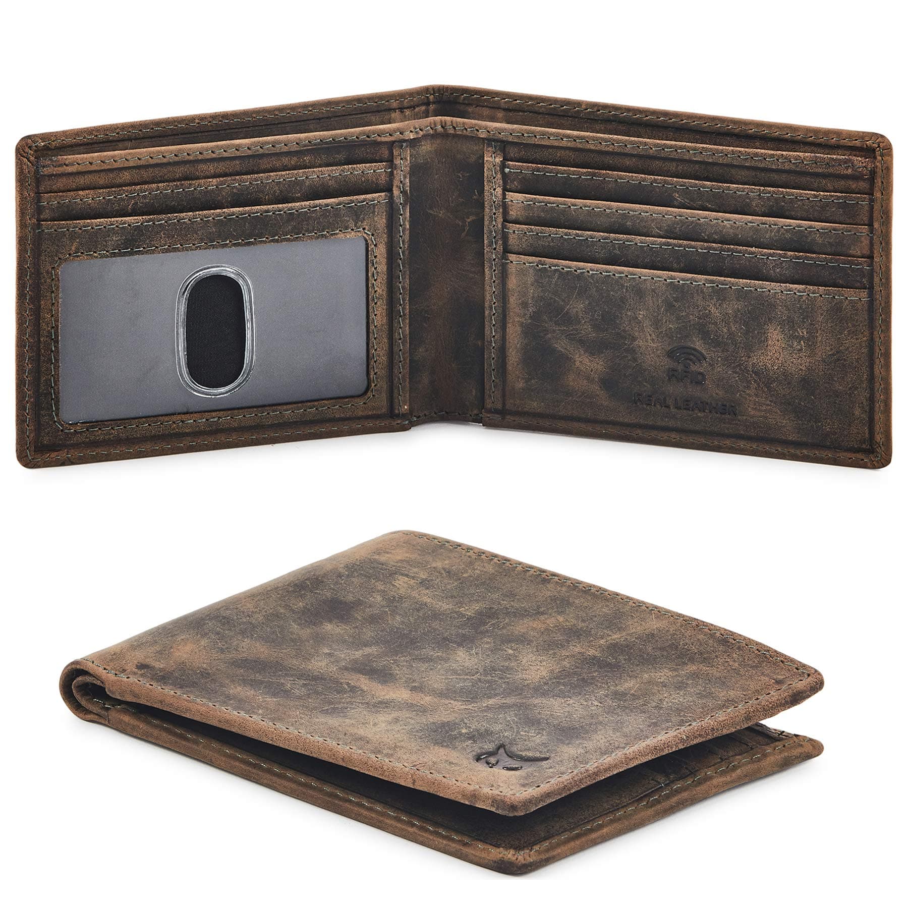 Real Leather Mens Bifold Wallet RFID Blocking Slim Minimalist Front Pocket - Thin & Stylish with ID Window in Gift Box (Crazy Horse, Moss)