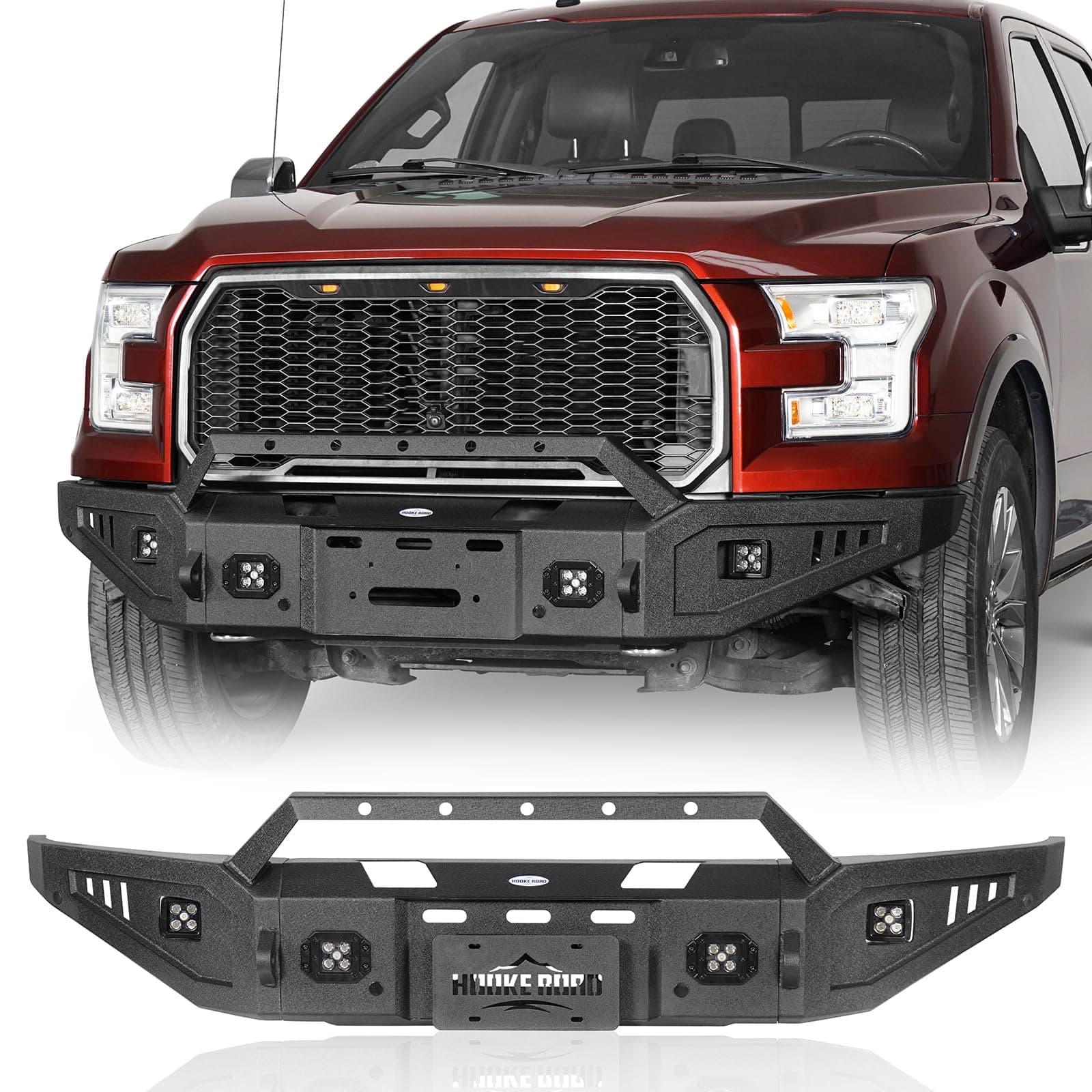 Hooke Road Discovery Front Bumper for 2015 2016 2017 Ford F-150 (Exclude Raptor), Full-Width Offroad Bumper w/Winch Plate & D-ring Mounts - Solid Steel
