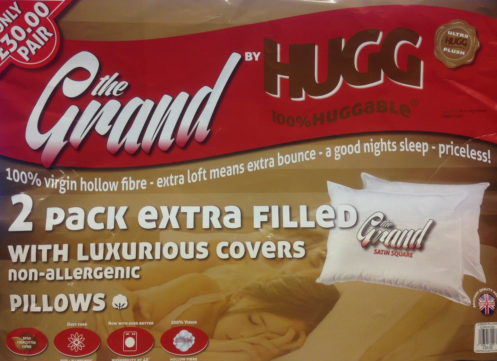Hugg The Grand Pillow Pair, Extra Filled, Extra Bounce, Non-Allergenic Satin Square Detailing
