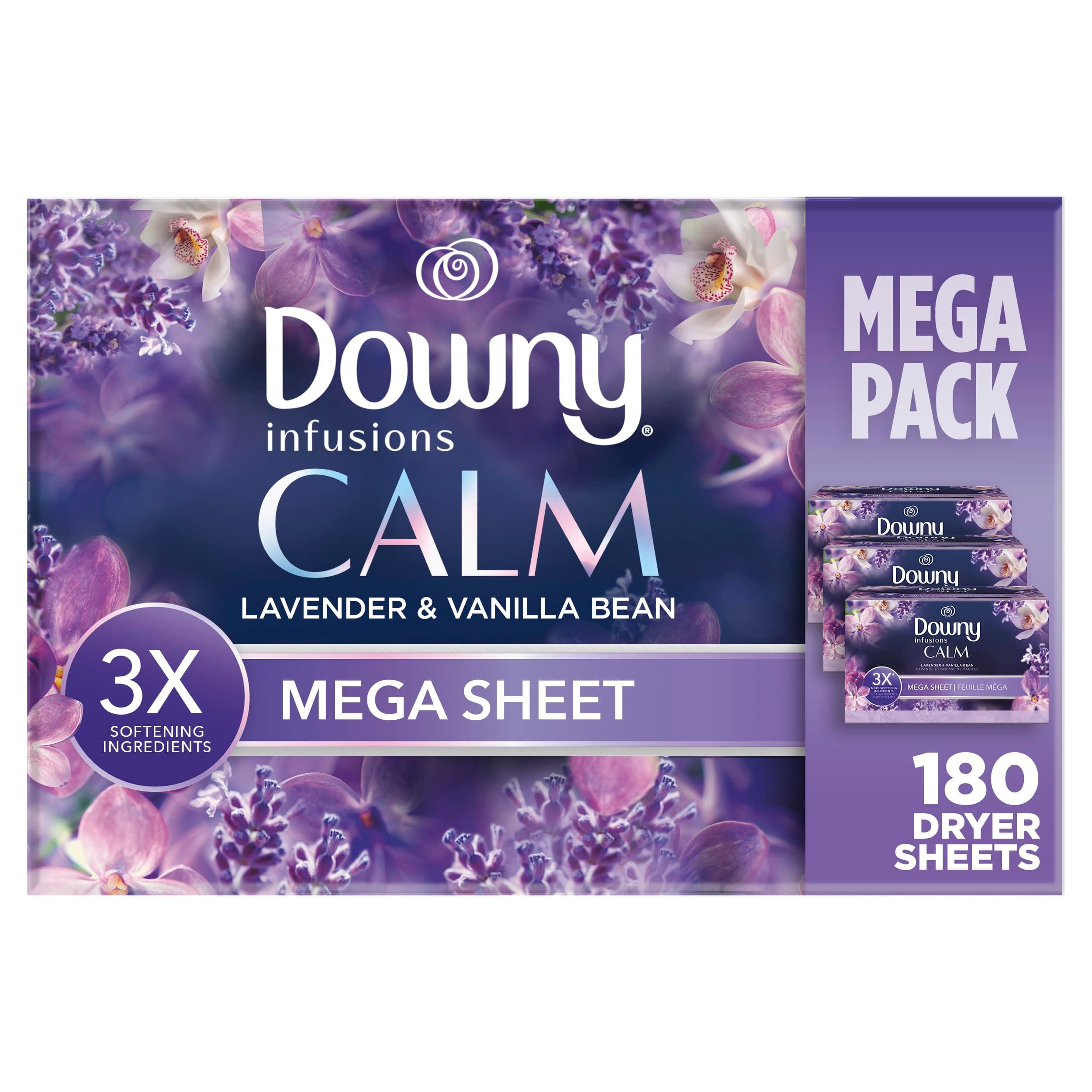 Downy Calm Mega Dryer Sheets, Large Fabric Softener Sheets for Laundry , Static Guard & Softness Boost, Laundry Dryer and Fabric Sheets, 180 Count