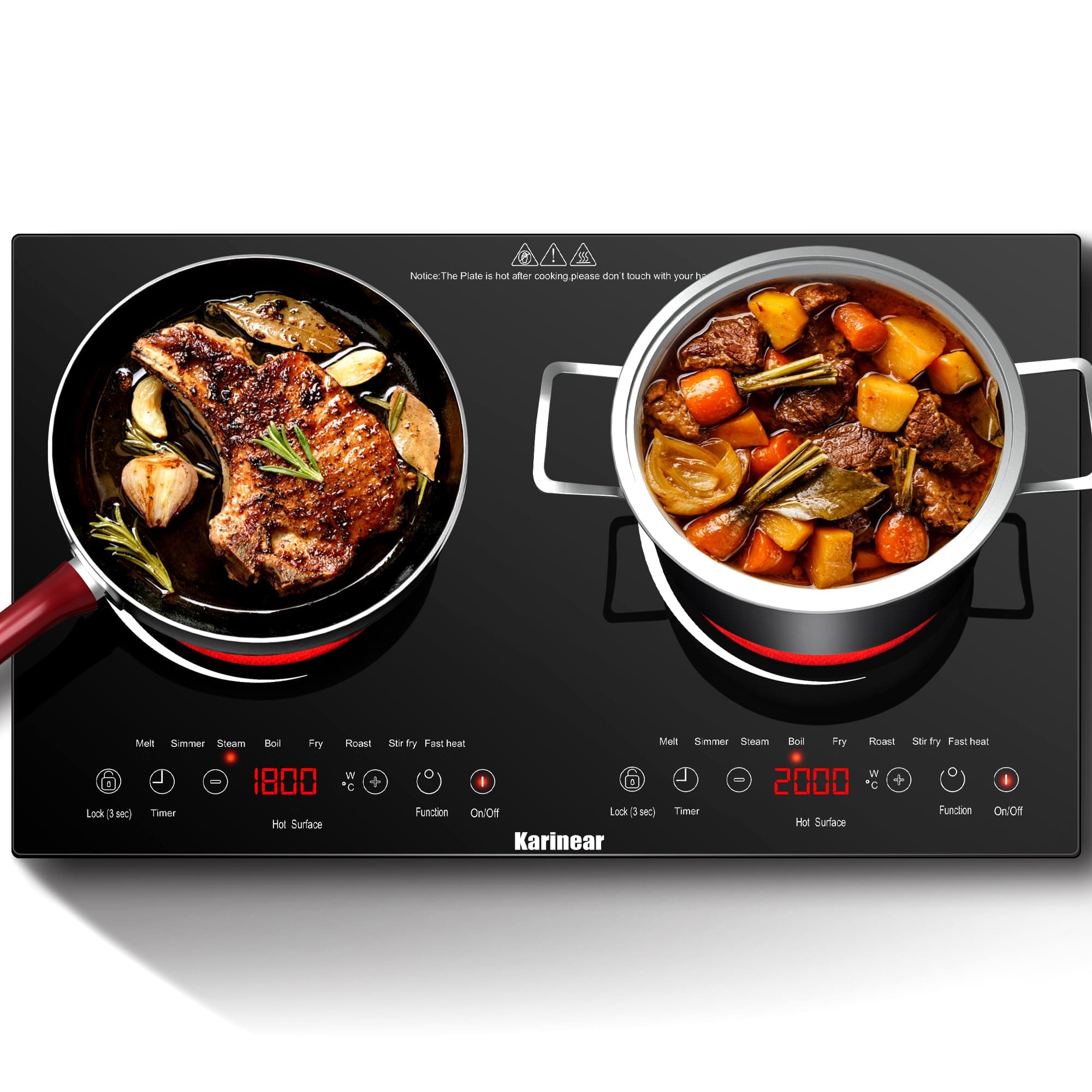 Karinear Double Ceramic Hob, Desktop Plug in 2 Zone Electric Ceramic Hob with LED Display, 4-Hour Timer, 9 Power up to 2800W, Safety Lock