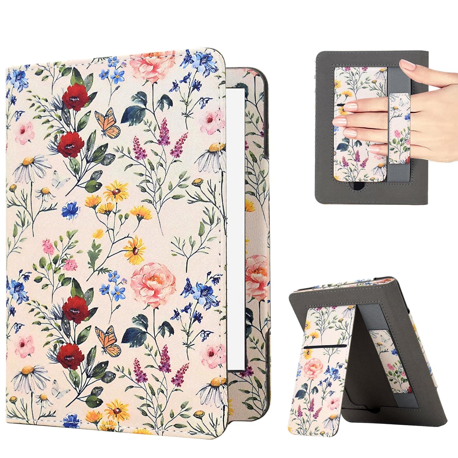 KEROM Case for 6" Kindle Paperwhite (10th/7th/6th/5th Generation, 2012-2018 Release), Premium PU Leather Cute Cover Case with Foldable Stand, Hand Strap, Card Slot, Auto Sleep/Wake - Colorful Blossoms