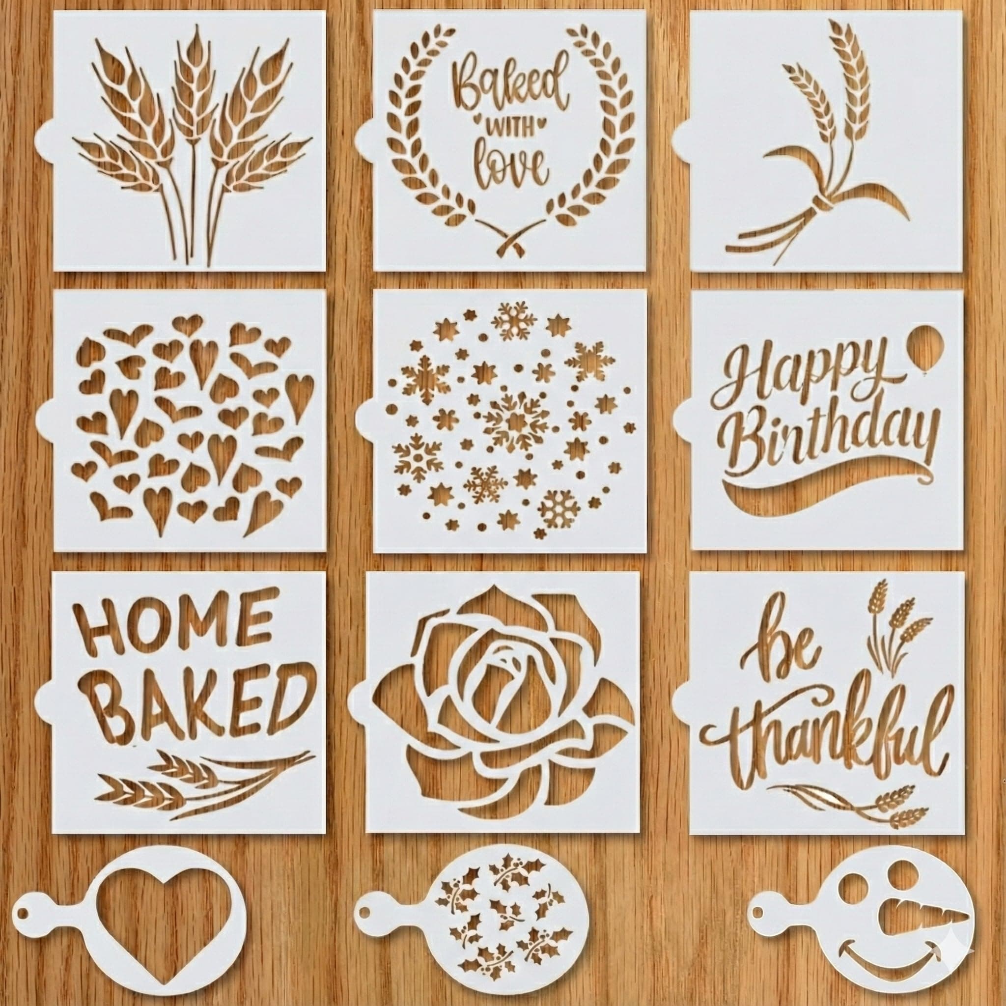 Dly Lifestyle Artisan Bread Stencils|Bread, Cake, Pie, Or Cookie Stencils (Set Of 9) For Decorating Your Own Unique Design|Baking Stencil Set (6" By 6") Includes Classic Wheat, Happy Birthday & More