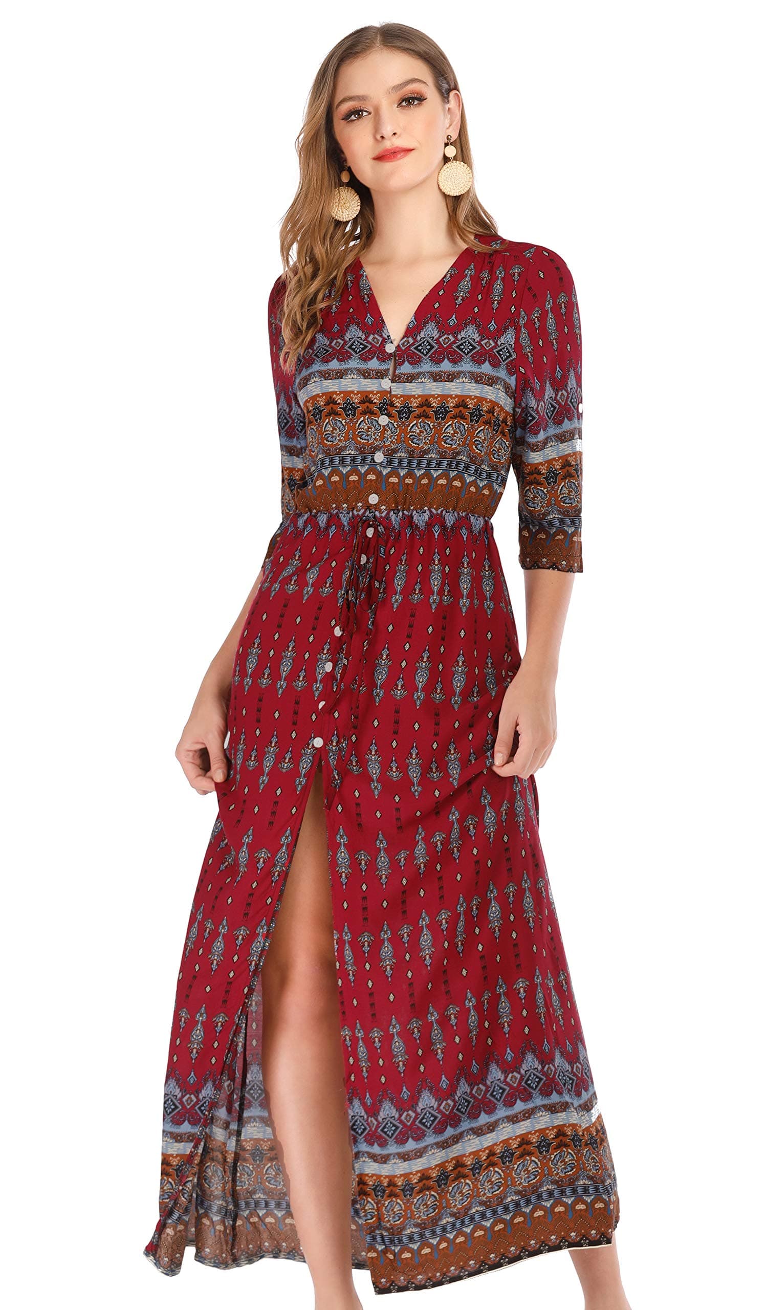Women's Button Up Dress Boho Style Split Maxi Dress Floral Print Belted Dresses