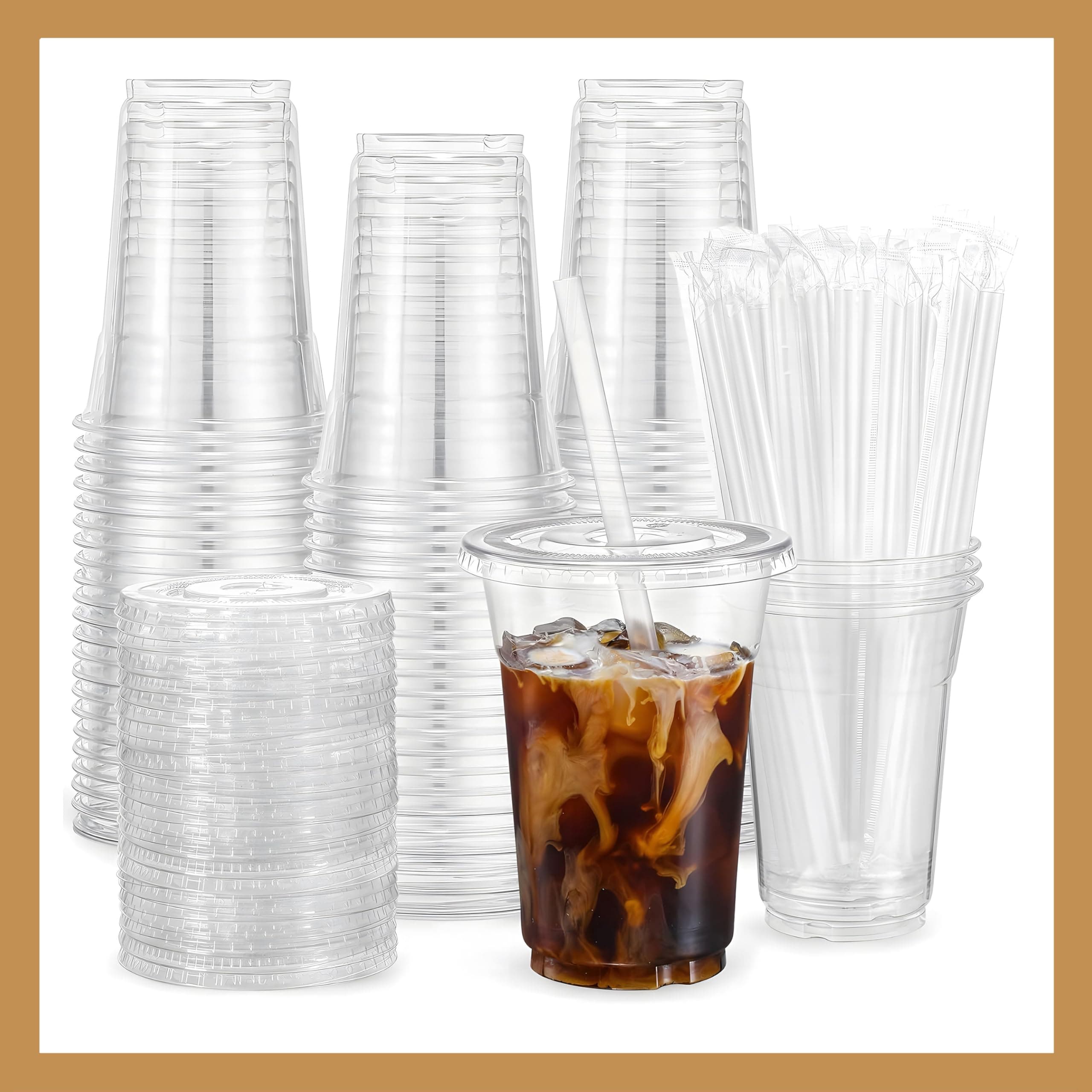 Plastic Clear Cups [16 oz] with Lids and Straws [100 Set] Disposable Cold Beverage Drinking Iced Coffee Water Juice Tea Party Travel Cafe School Office Home Kitchen (100 Set, 16 oz)
