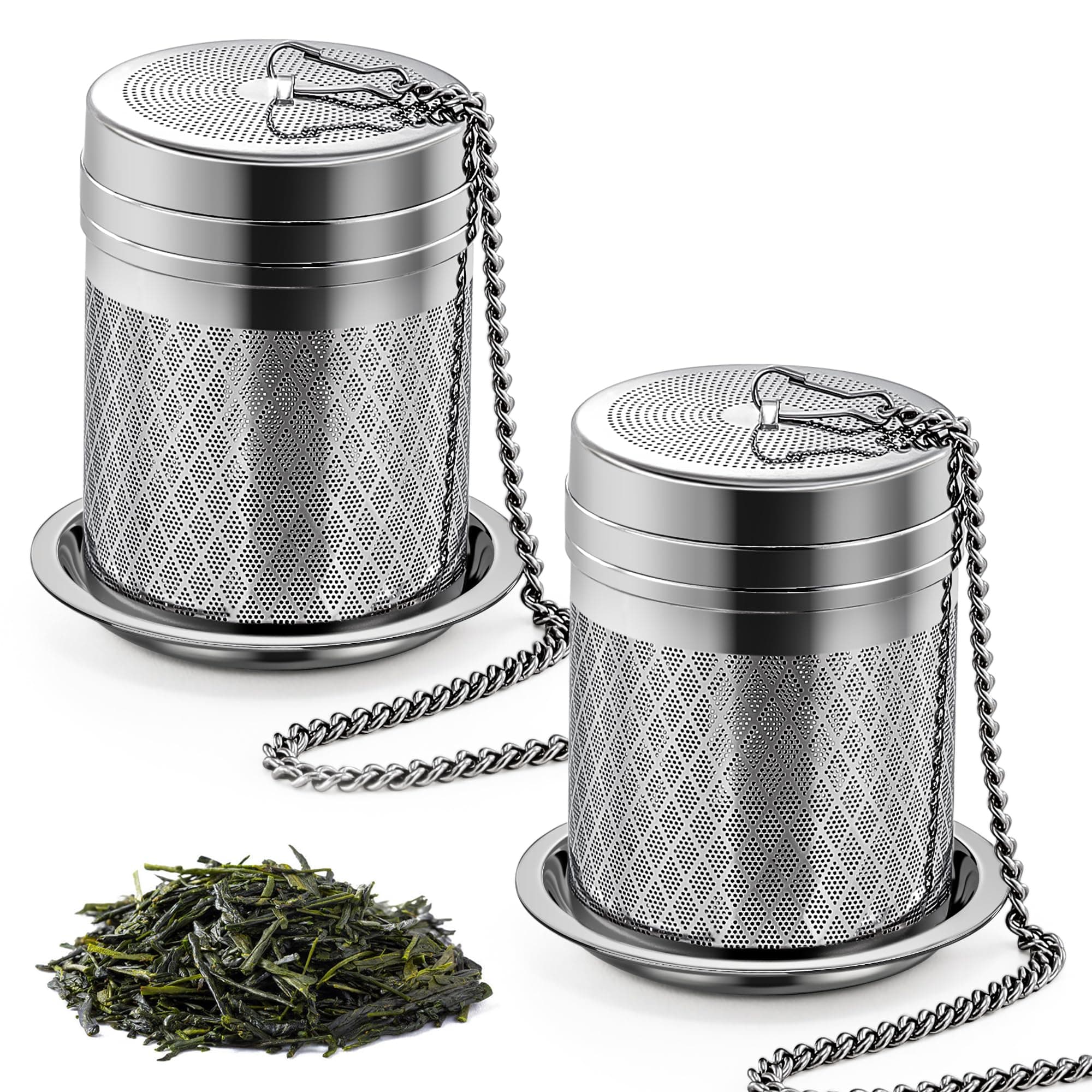Tea Infusers for Loose Tea, 2 Pack Extra Fine Mesh Tea Strainers, 18/8 Stainless Steel Loose Leaf Tea Steeper Tea Diffusers with Extended Chain Hook and Drip Tray