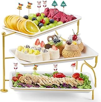 Lifewit 3-Tier Plastic Serving Plate, 30 x 17 cm, White Tray Serving Tray with Yellow Metal Rack, 3 Tiers for Vegetables, Fruits, Biscuits, Desserts, Buffet Party Accessories