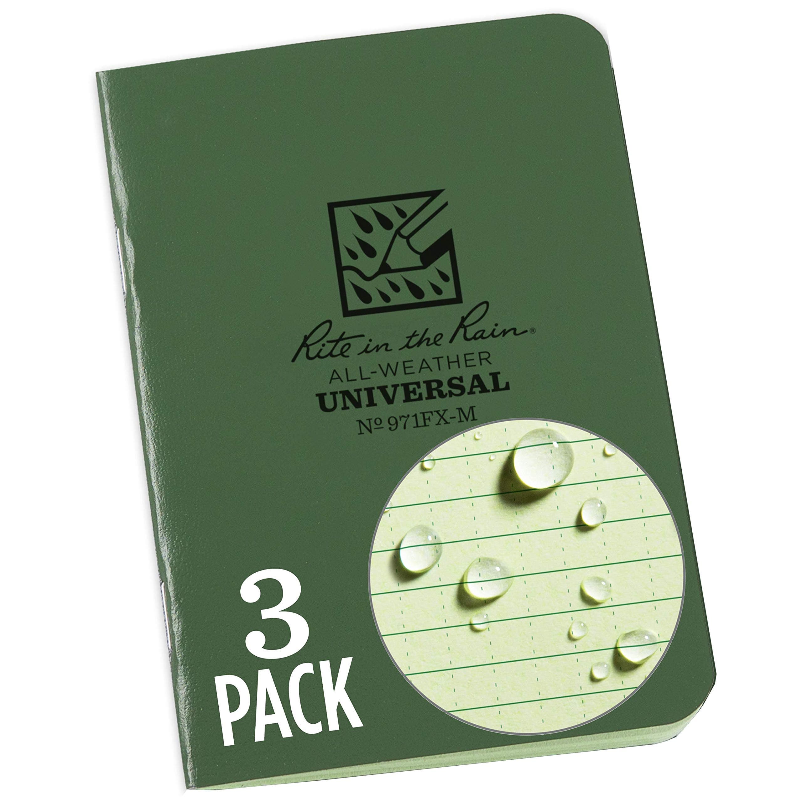 Rite in the Rain Weatherproof Mini Stapled Notebook, 3.25" x 4.625", Green Cover, Universal Pattern, 3 Pack (No. 971FX-M)