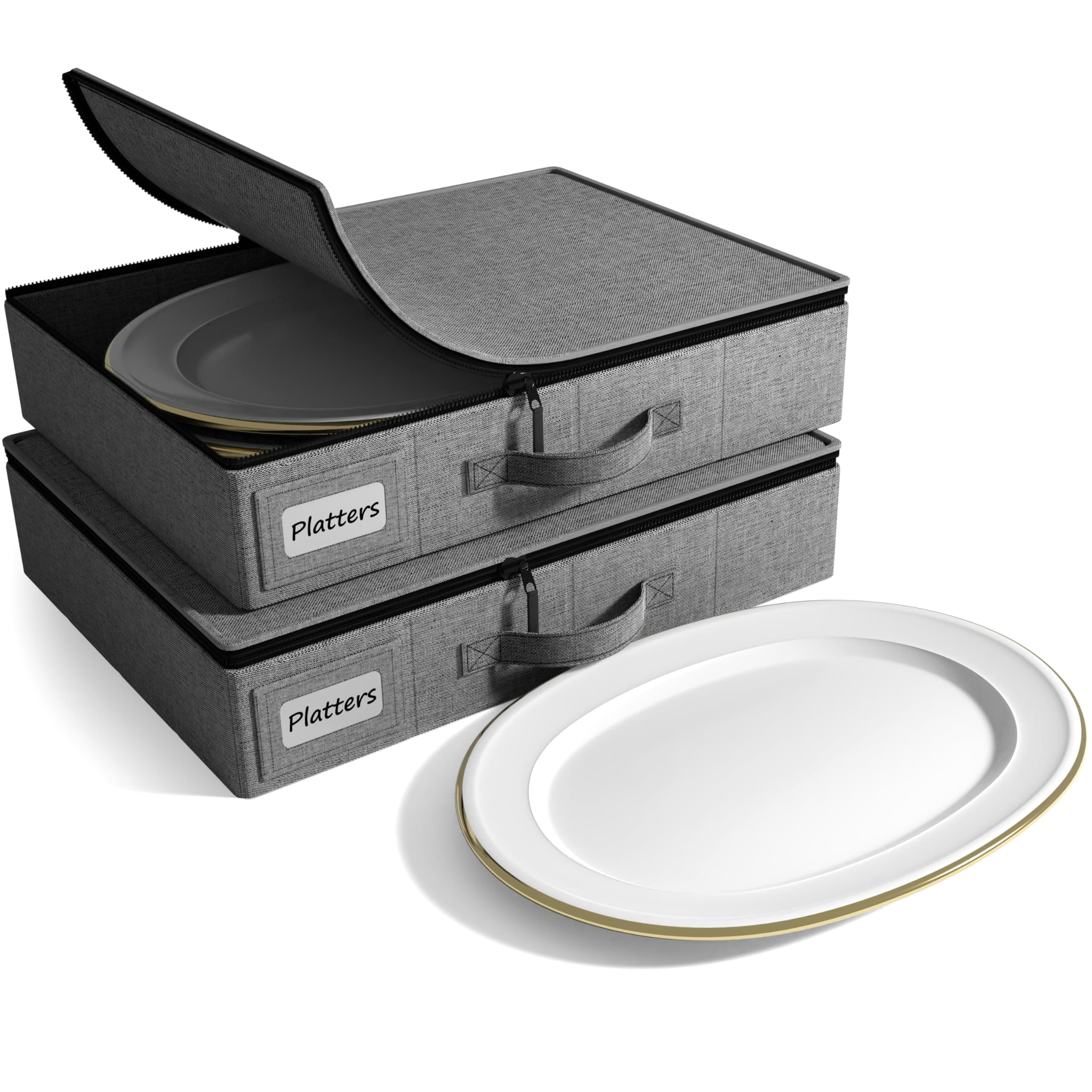 Sorbus China Storage Containers – Dinnerware Organizer for Platter Storage with Lid (Holds Service for 12) with Felt Protectors – 17" x 13" x 4" – 2 Pack