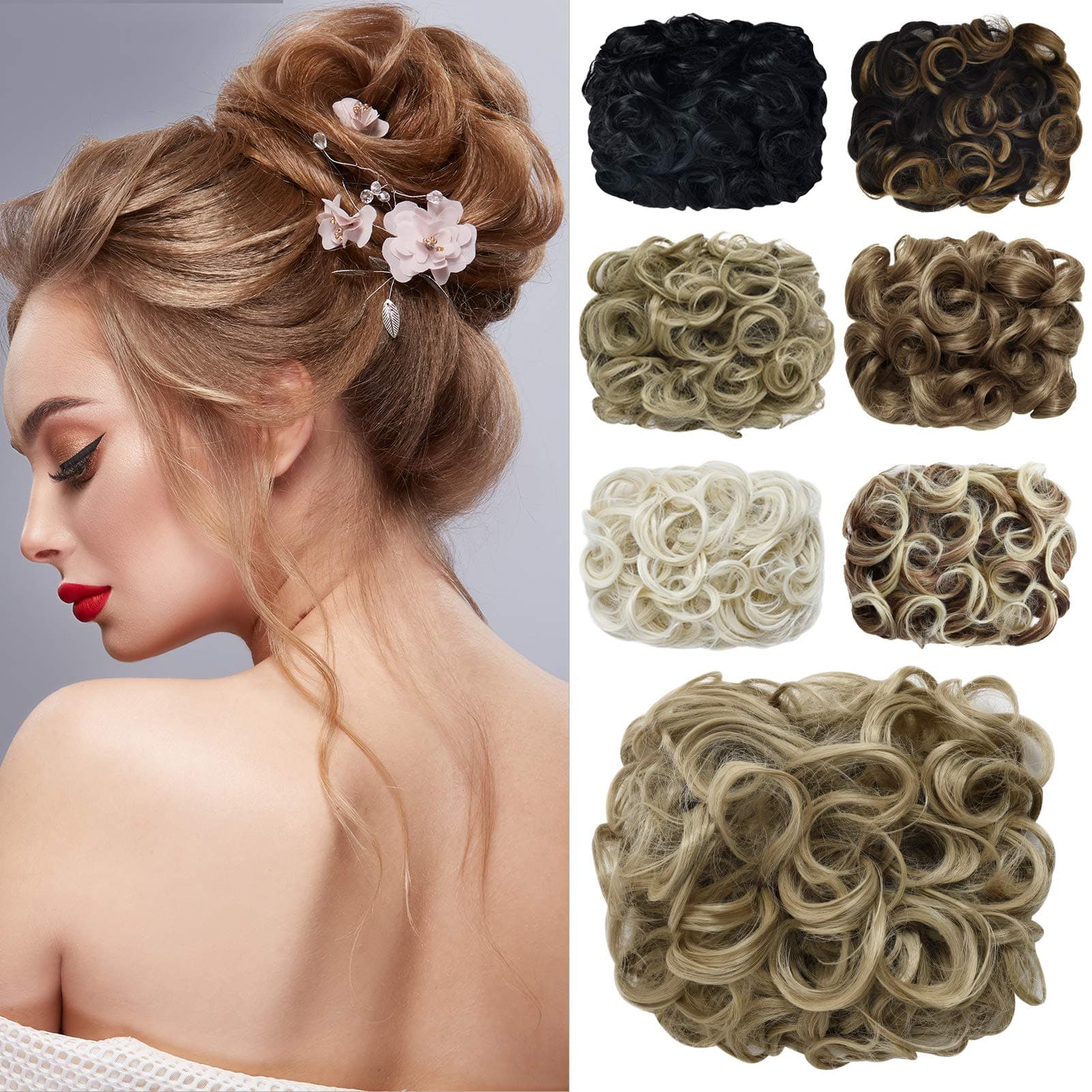 Yamel Messy Bun Scrunchie Combs Clip in Curly Stretch Updo Hair Pieces for Women Warm Beige Blonde