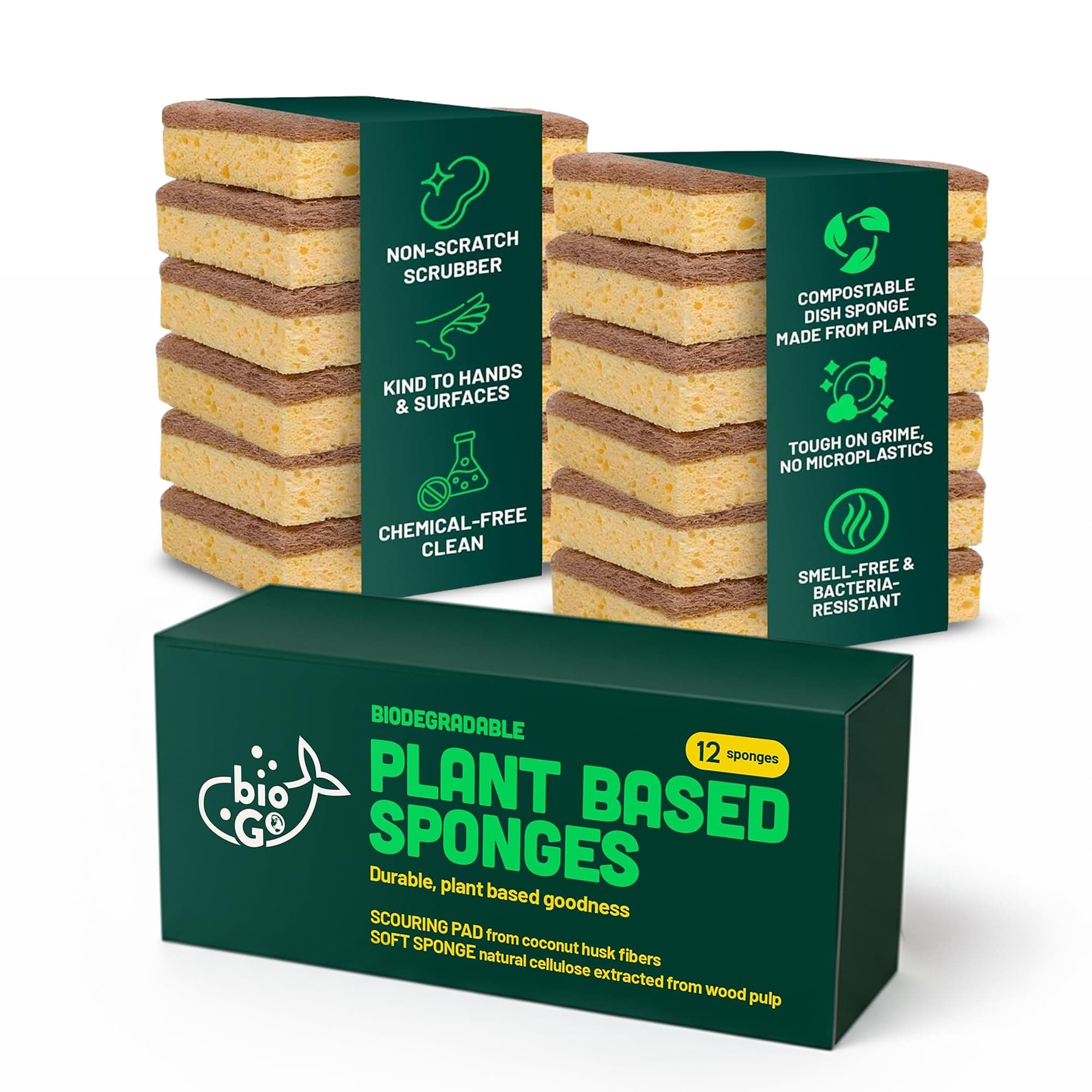 12 Pack Biodegradable Kitchen Sponges - Eco-Friendly, Compostable, Natural Cellulose Dish Sponges