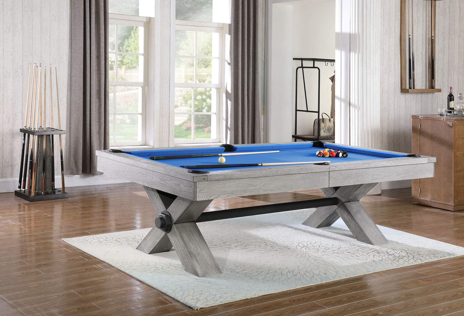 Voxwood Pool Table- Rustic Billiards Table in a Grey Washed Finish-Includes Premium Pool Table Balls and 4 Cue Sticks - Installation Included