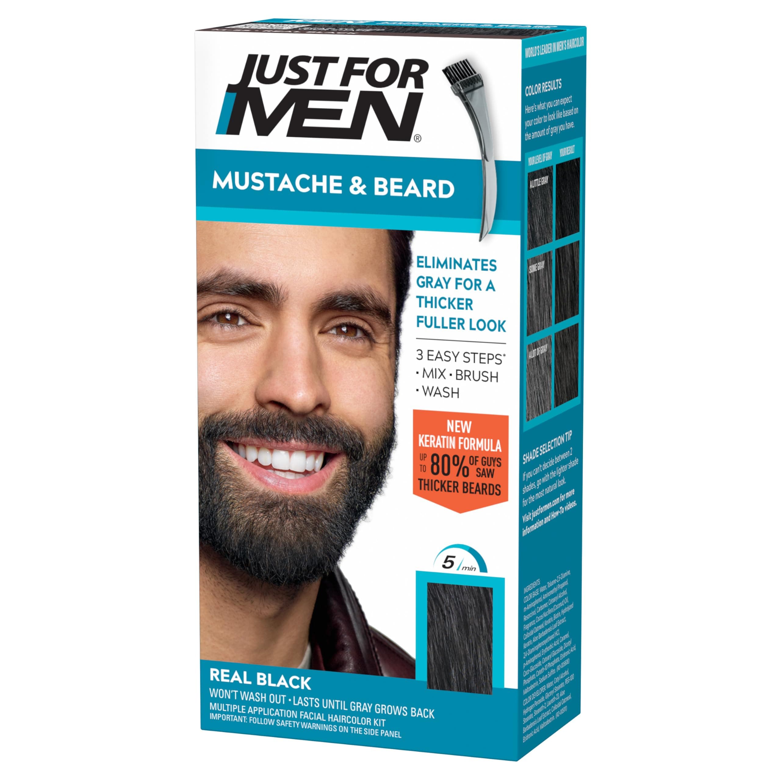 Just For Men Mustache & Beard multiple uses Beard Dye for Men with Brush Included, With Keratin Biotin Aloe and Coconut Oil for Healthy Facial Hair - Real Black, M-55, Pack of 1 (Packaging May Vary)