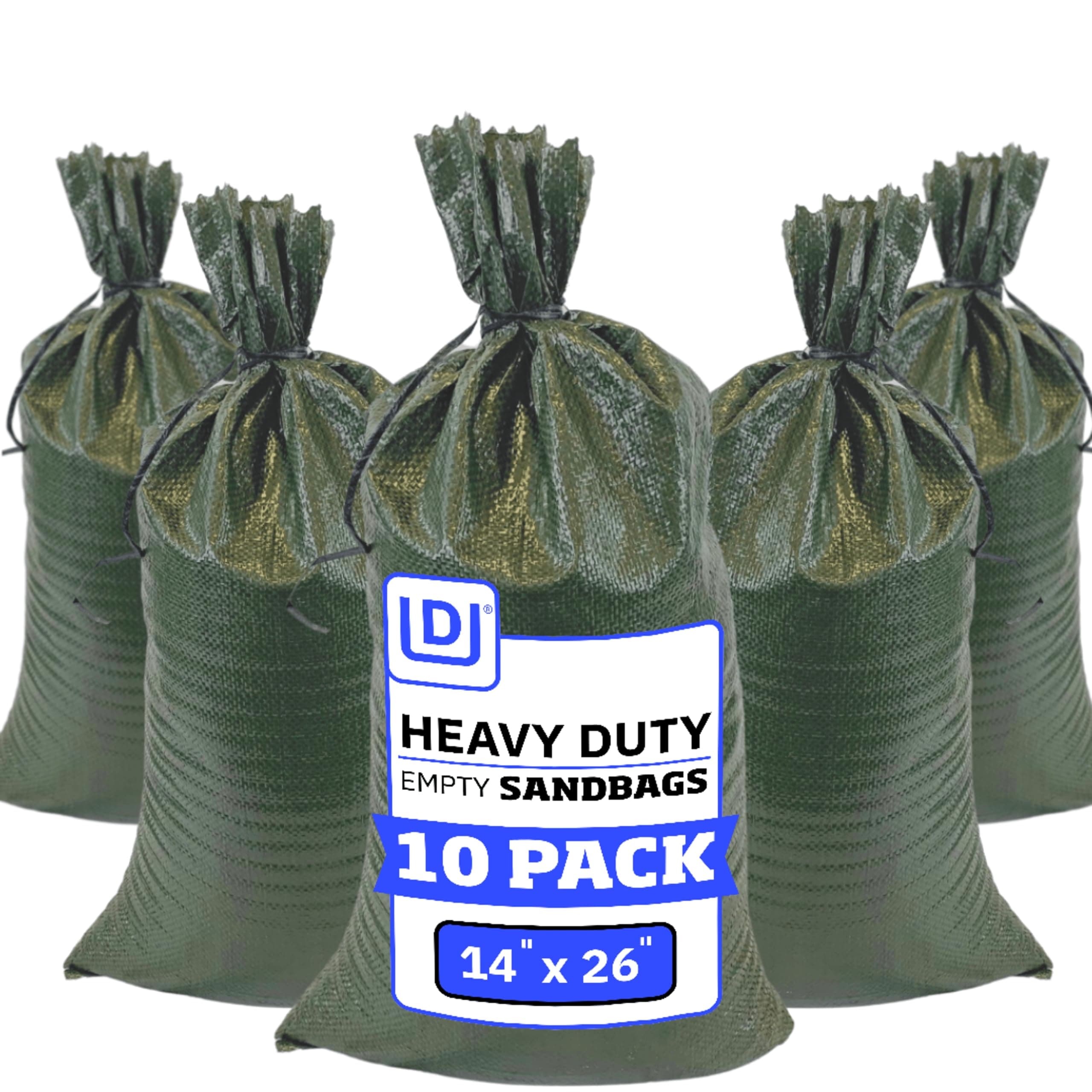 Heavy Duty Sand Bags with Tie Strings Empty Woven Polypropylene Sand-Bags for Flood Control with 1600 Hours of UV Protection, 50 lbs Capacity, 14x26 inches, Green, Pack of 10