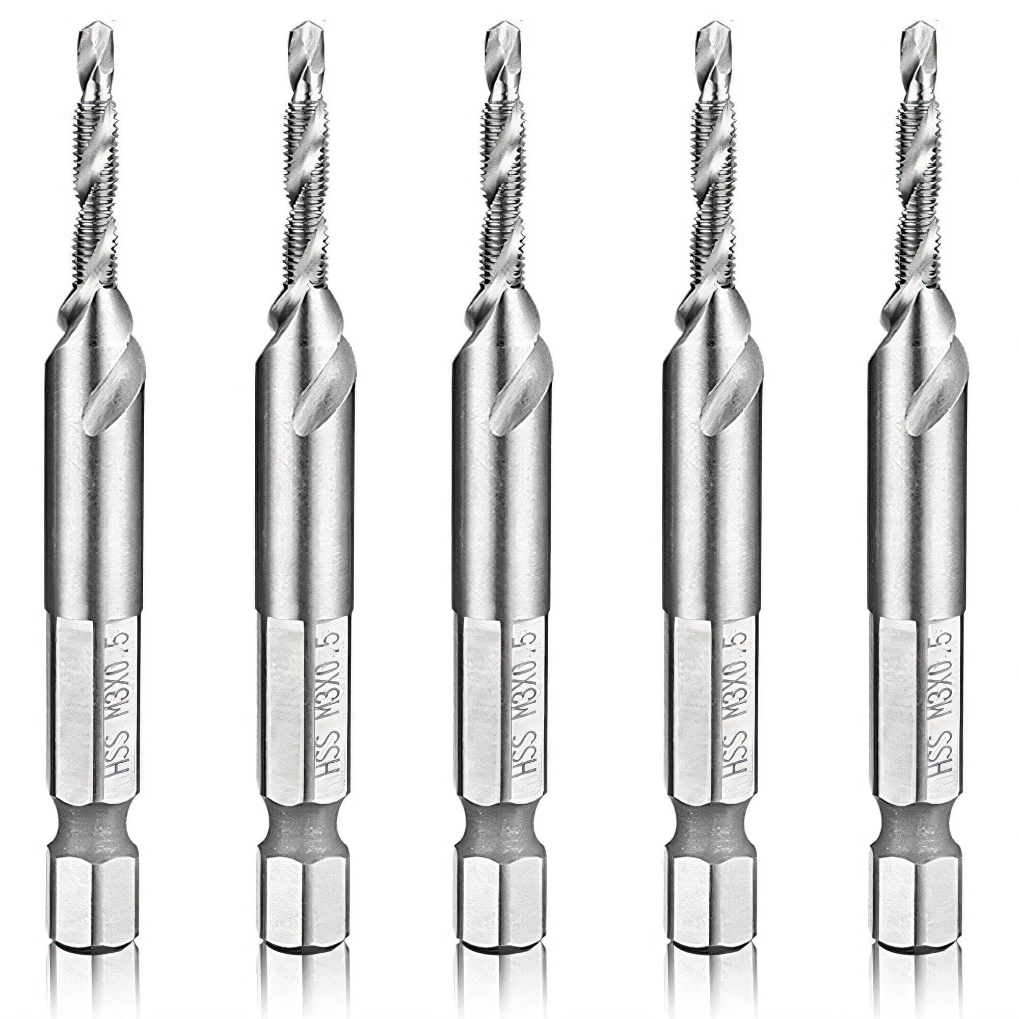 Hymnorq Combination Tap and Drill Bit, 5-Piece Set, M3 x 0.5mm, High-Speed Steel, Dual Twist Flute, 118° Split Point, 1/4" Hex Shank