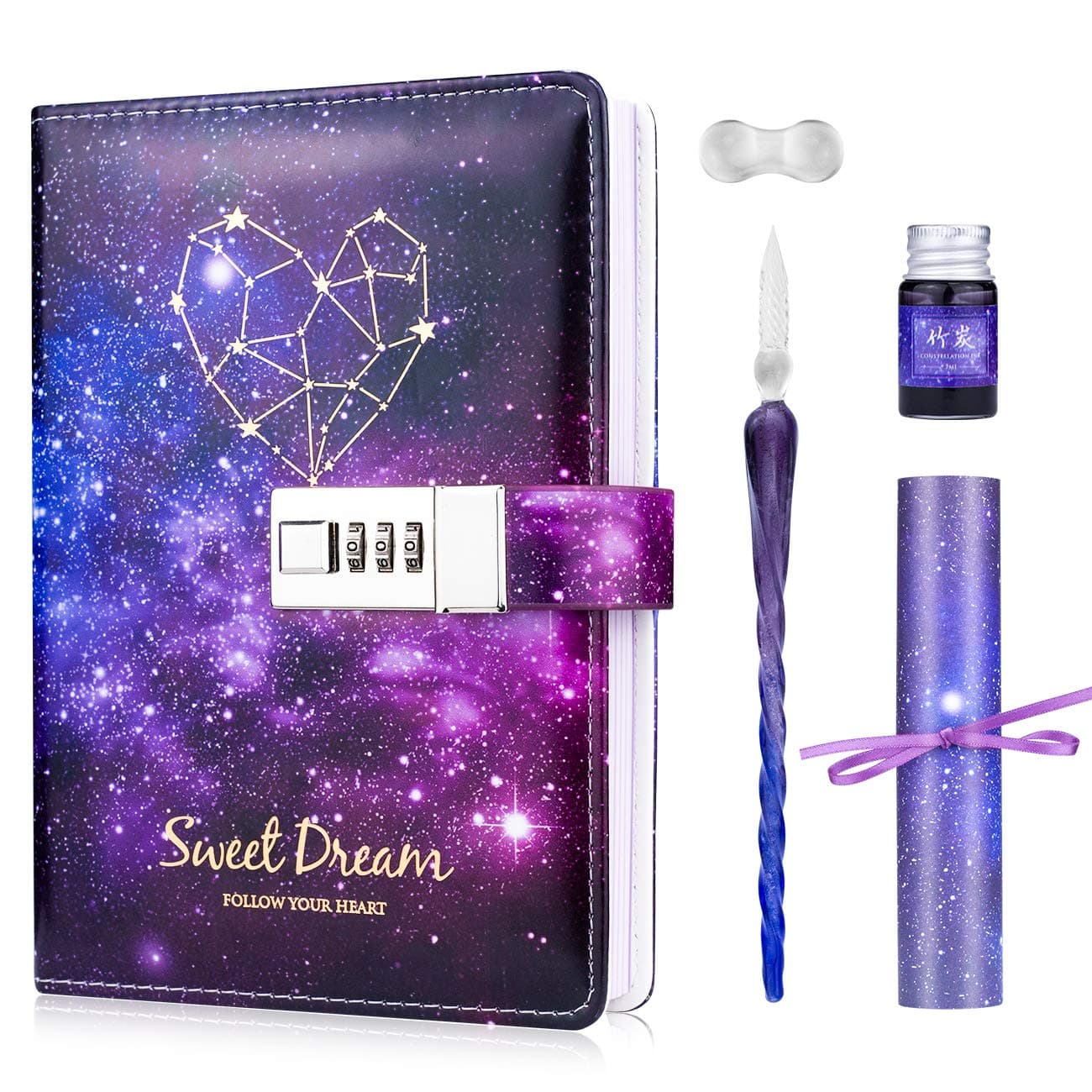Leather Diary with Lock and Glass Dip Pen Ink Notebook Set for Girls Boys, Hardcover Writing Drawing Travel Journal, Secret Combination Locking Diary (Sweet Dream)