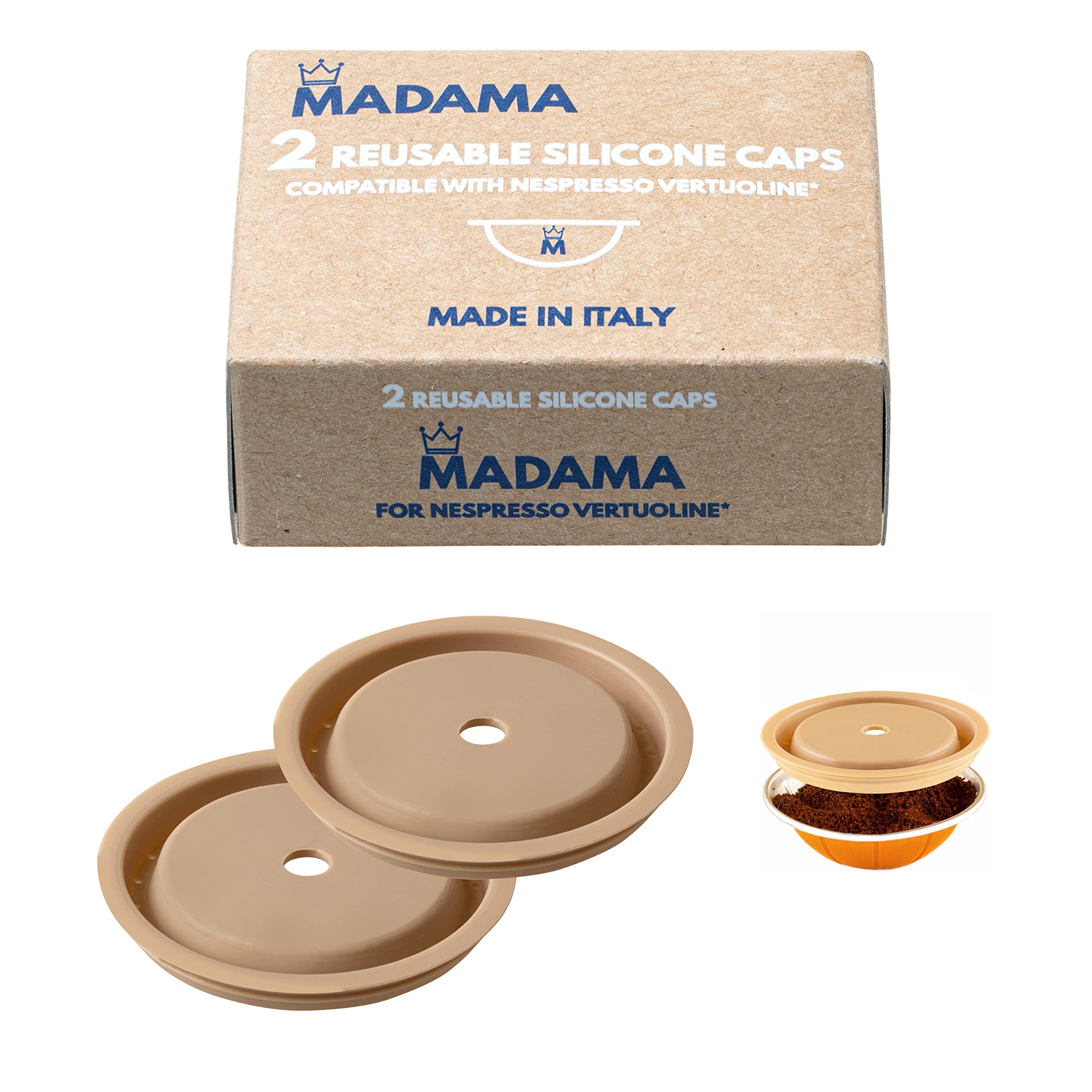 Madama - Reusable and Refillable Cap Compatible with Nespresso Vertuo and VertuoLine Capsules, Food Grade Silicone. 100% Made in Italy. Pack of 2 Caps