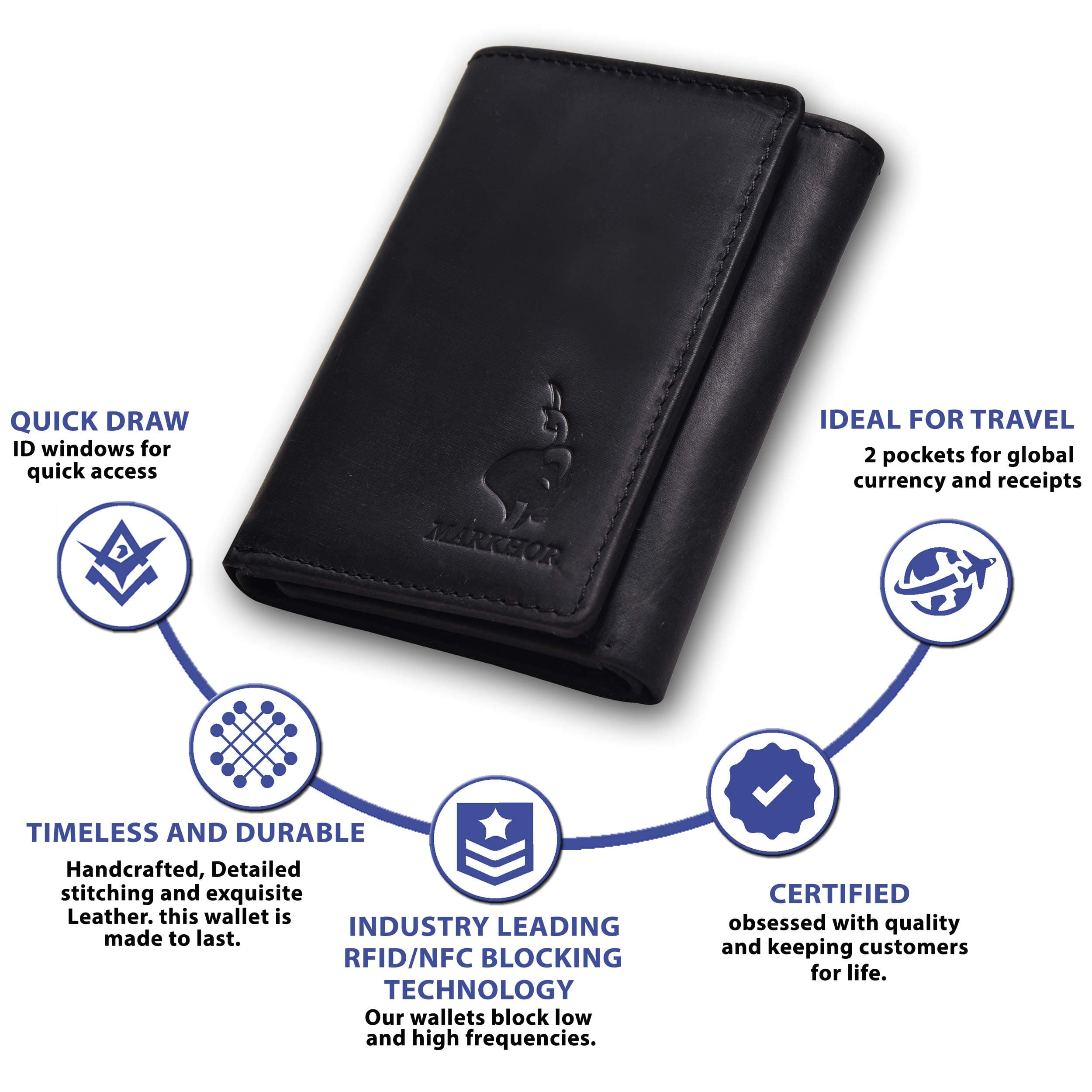 Genuine Leather Slim Trifold RFID Blocking Handmade Wallet with 7 Card slots +1ID Window + 2 Bill Compartment By Markhor