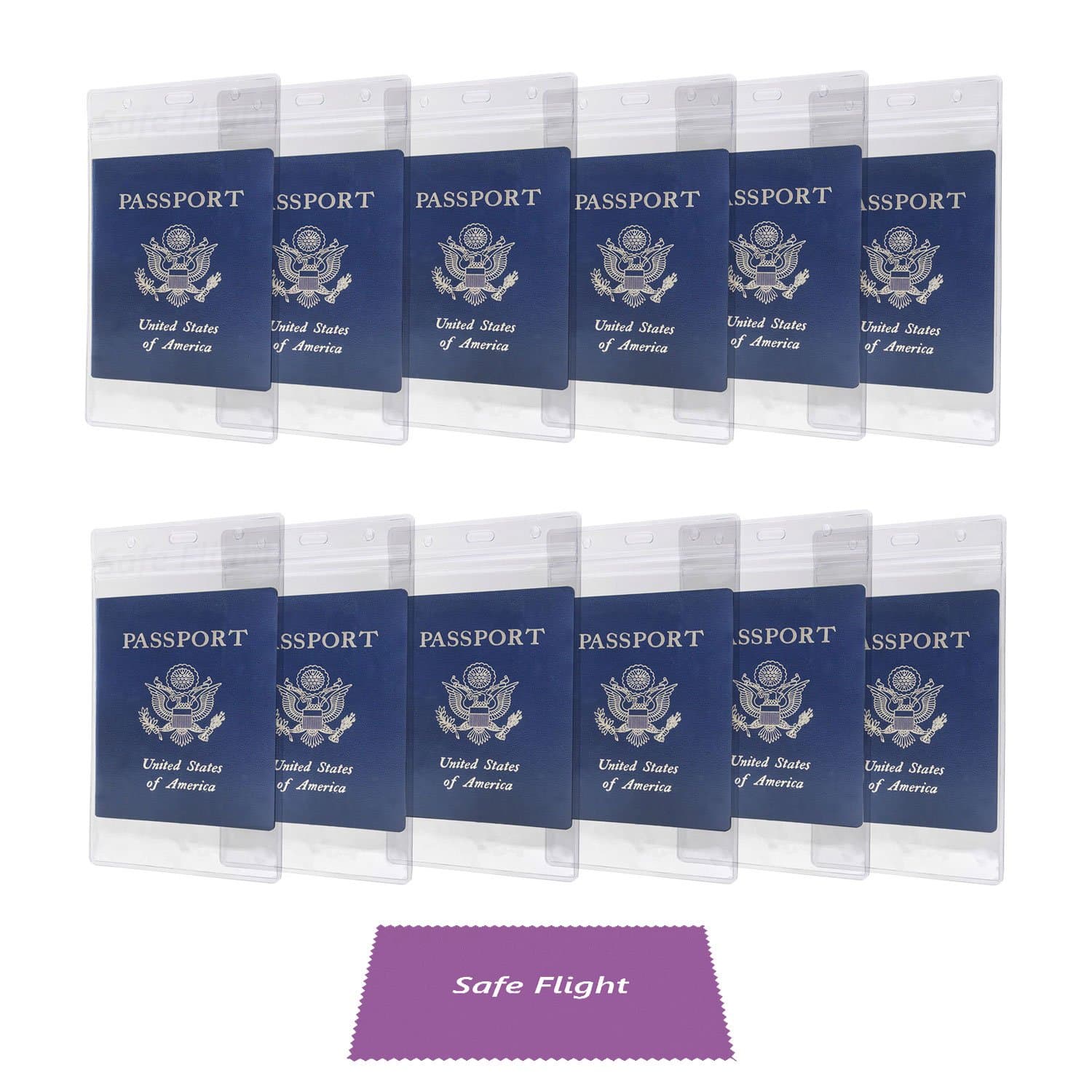 Safe FlightPassport ID Badge Holders 12 Pack Safe Flight Retail Bundle - Transparent - Extra Large 6x4" - Also for Cash, Credit Card, Plane Ticket, Receipts, etc. - Can be connected to a Lanyard, Chain, Clip