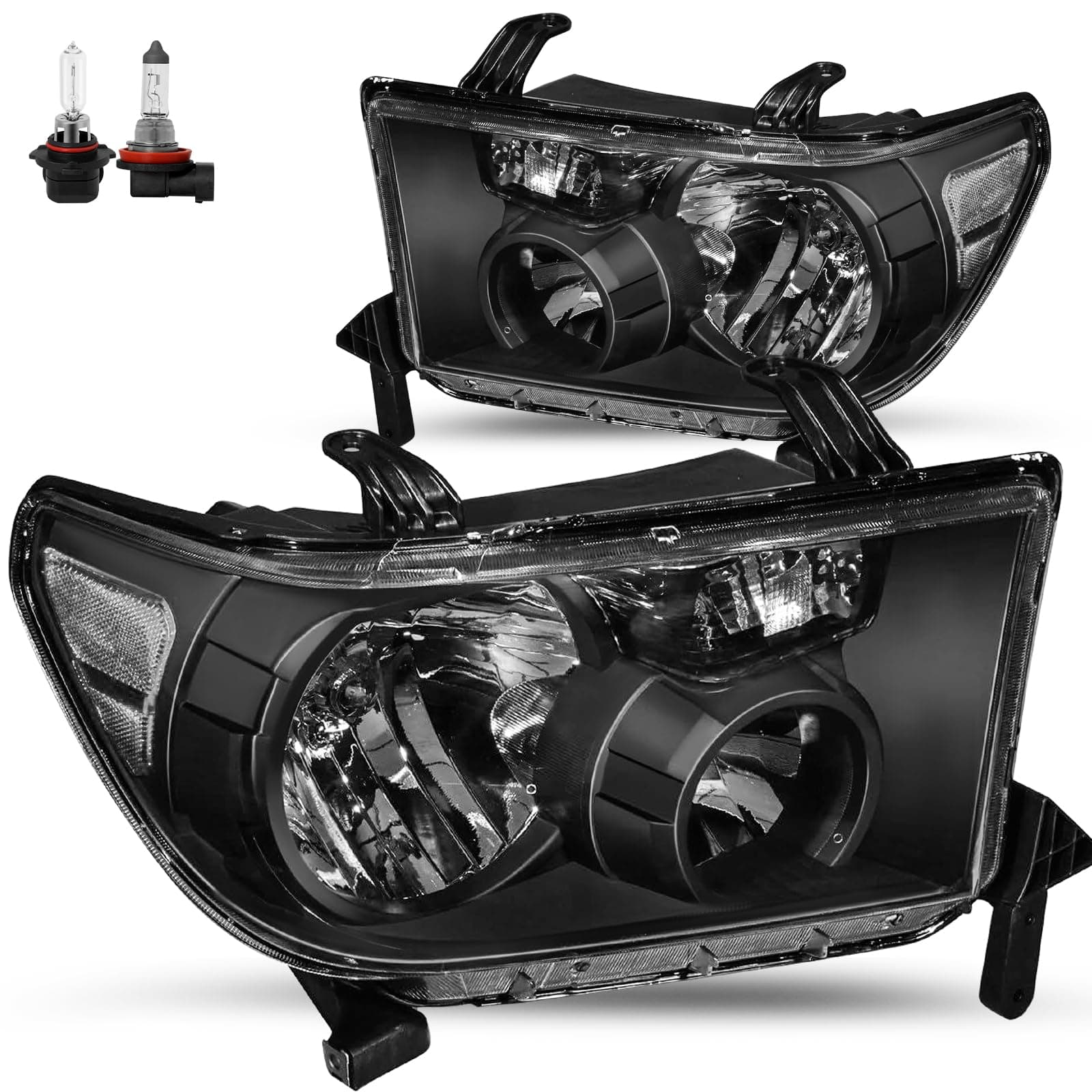 JSBOYAT Halogen Headlight Assembly Pair Fit for 2007 2008 2009 2010 2011 2012 2013 Toyota Tundra & 08-17 Sequoia, Black Housing Clear Reflector, Without Headlight Leveling Adjuster Bulbs Included