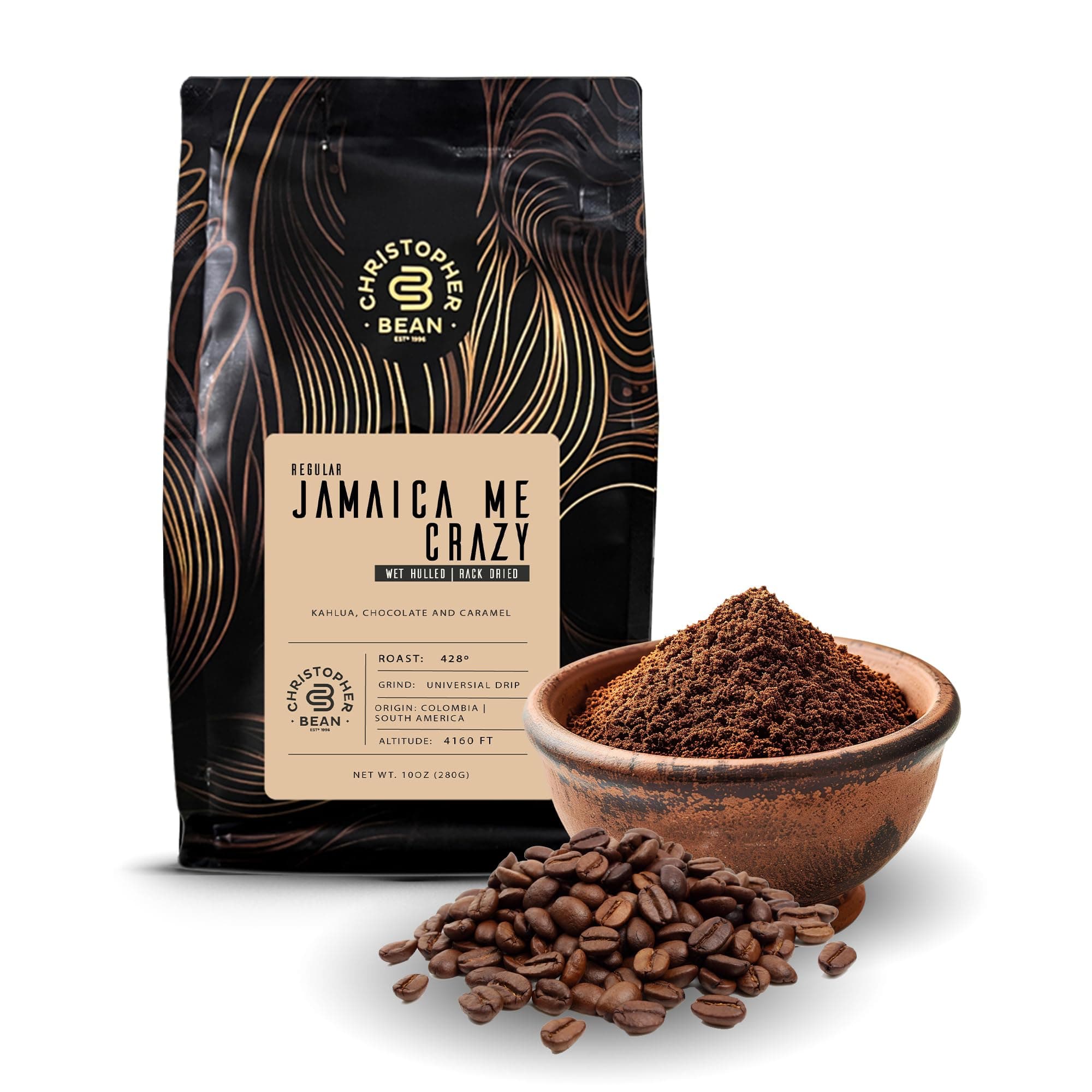 Christopher Bean Coffee - Certified Kosher - Regular Ground Universal Drip Jamaica Me Crazy Flavored Coffee | Coffee Beans with Medium Roast 100% Arabica, No Sugar, No Fats, Non-Gmo | 10-Ounce Bag