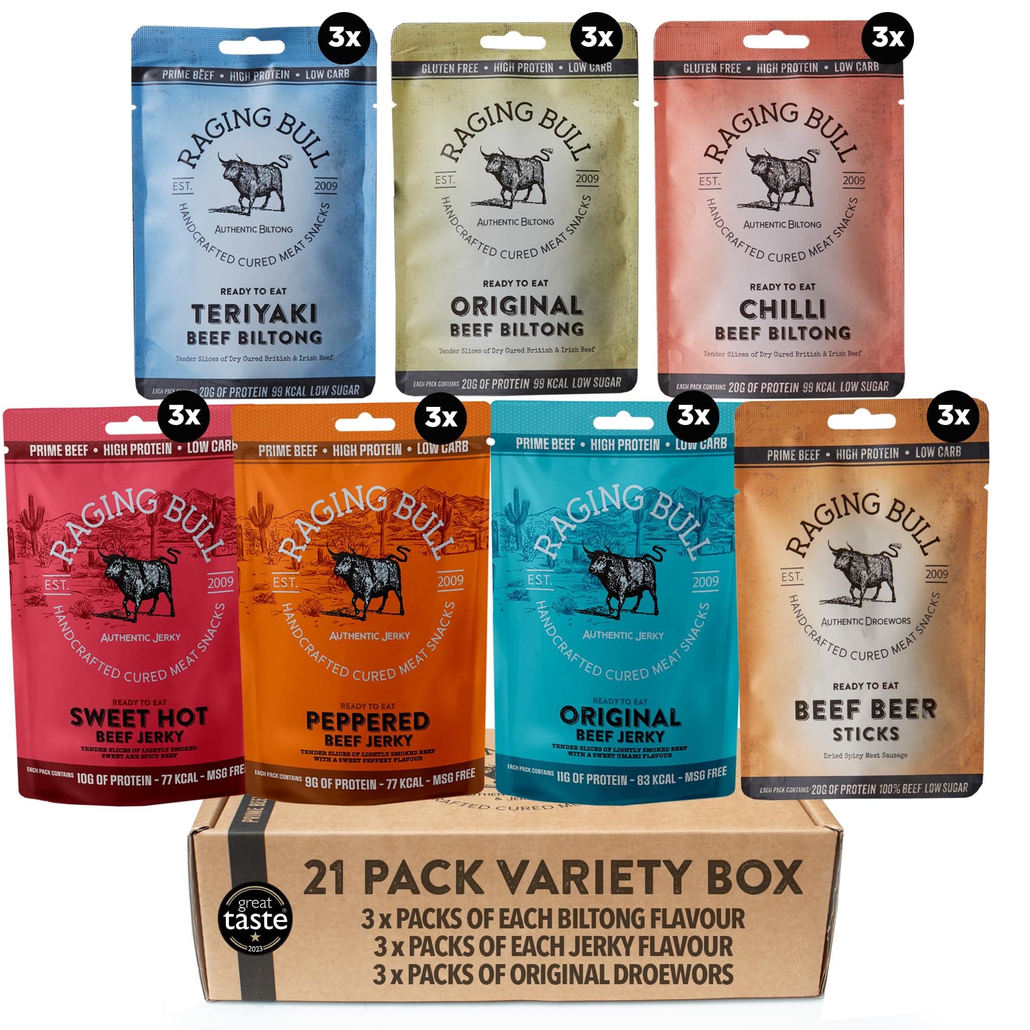 Raging Bull Beef Snack 21 Pack Combo - 3 Packs Beef Biltong, Beef Jerky & Droewors - Jerky & Biltong Sets - High Protein Snacks - Grass Fed Beef Biltong - Low Carb Keto Snacks - Carnivore Meat Snacks