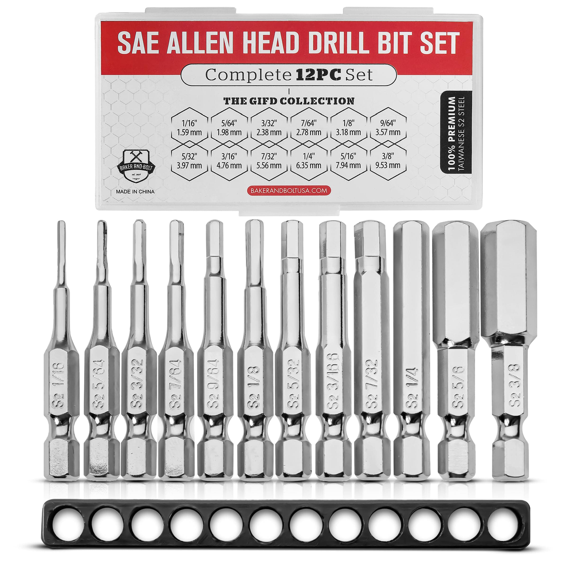 Allen Wrench Drill Bit Set - Premium 12pc Complete SAE Set w/Storage Case and Bit Holder - 1/4in Hex Shank Magnetic Bit Set The GIFD Collection - Fortified S2 Steel Long 2in Heads for Drills.