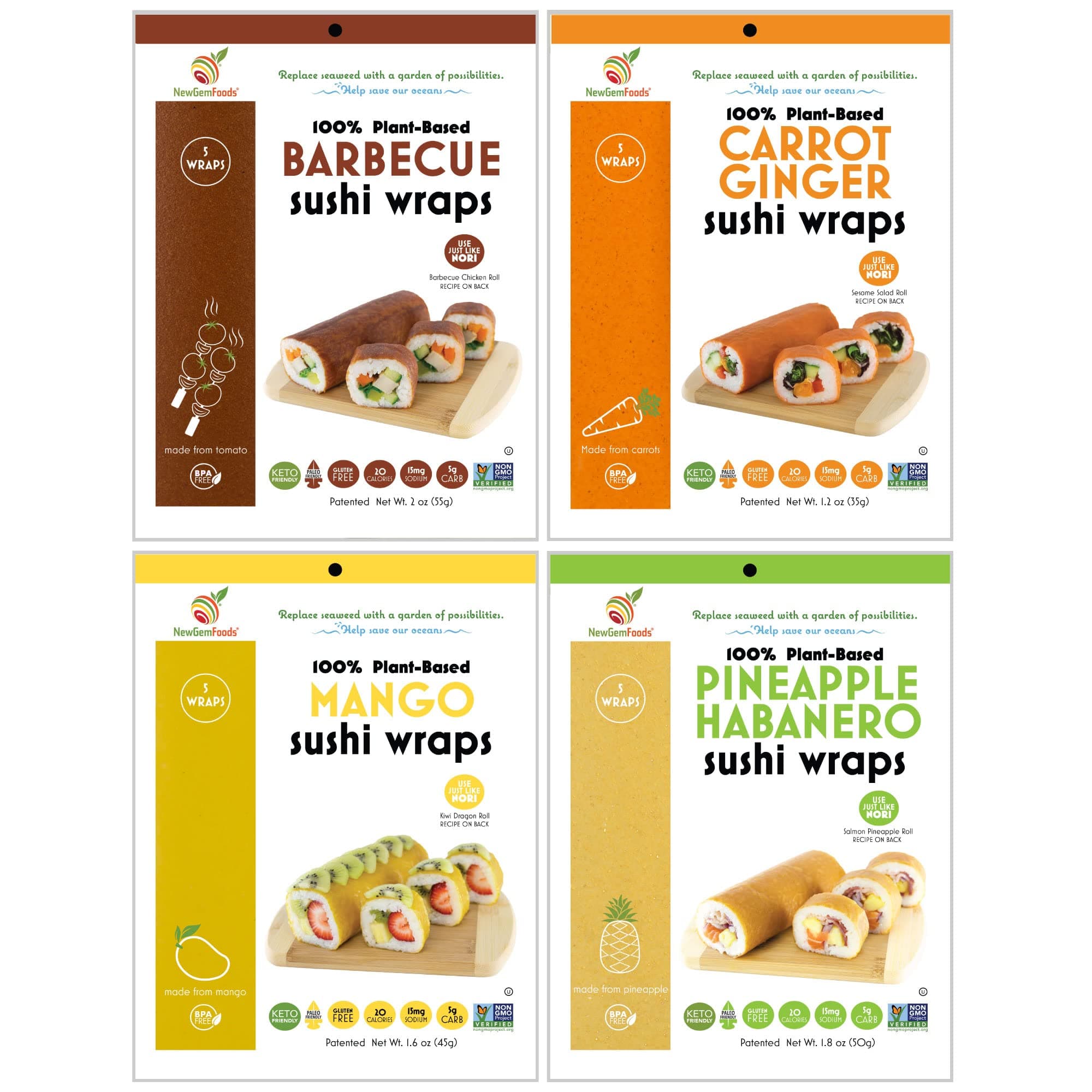 Barbeque, Carrot, Mango & Pineapple Sushi Wrap Variety Pack (20 Count) – Vegan, Gluten-Free, Low-Carb Plant-Based Wraps – Non-GMO, Paleo-Friendly